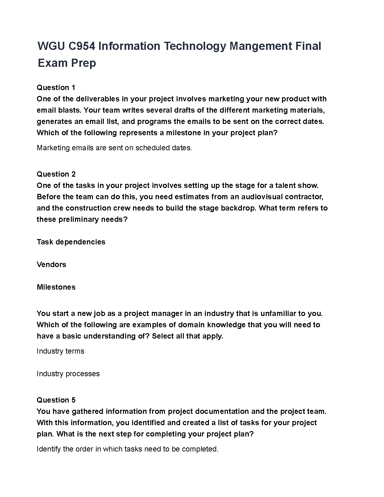 WGU C954 IT Project Management Test Bank Schwalbe 9th Ed Exam Prep Questions and Answers 2026