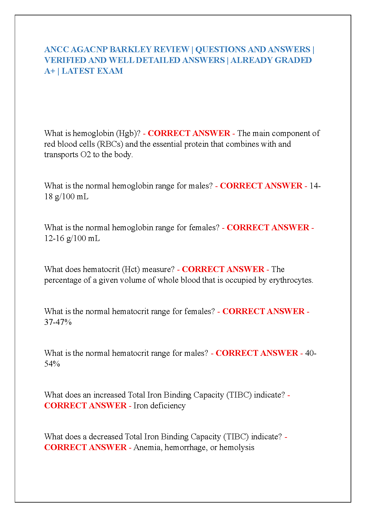 ANCC AGACNP Barkley Review Test Bank 2024/2025 by Thomas W. Barkley, Jr. | Verified Questions & Answers for A+ Grade