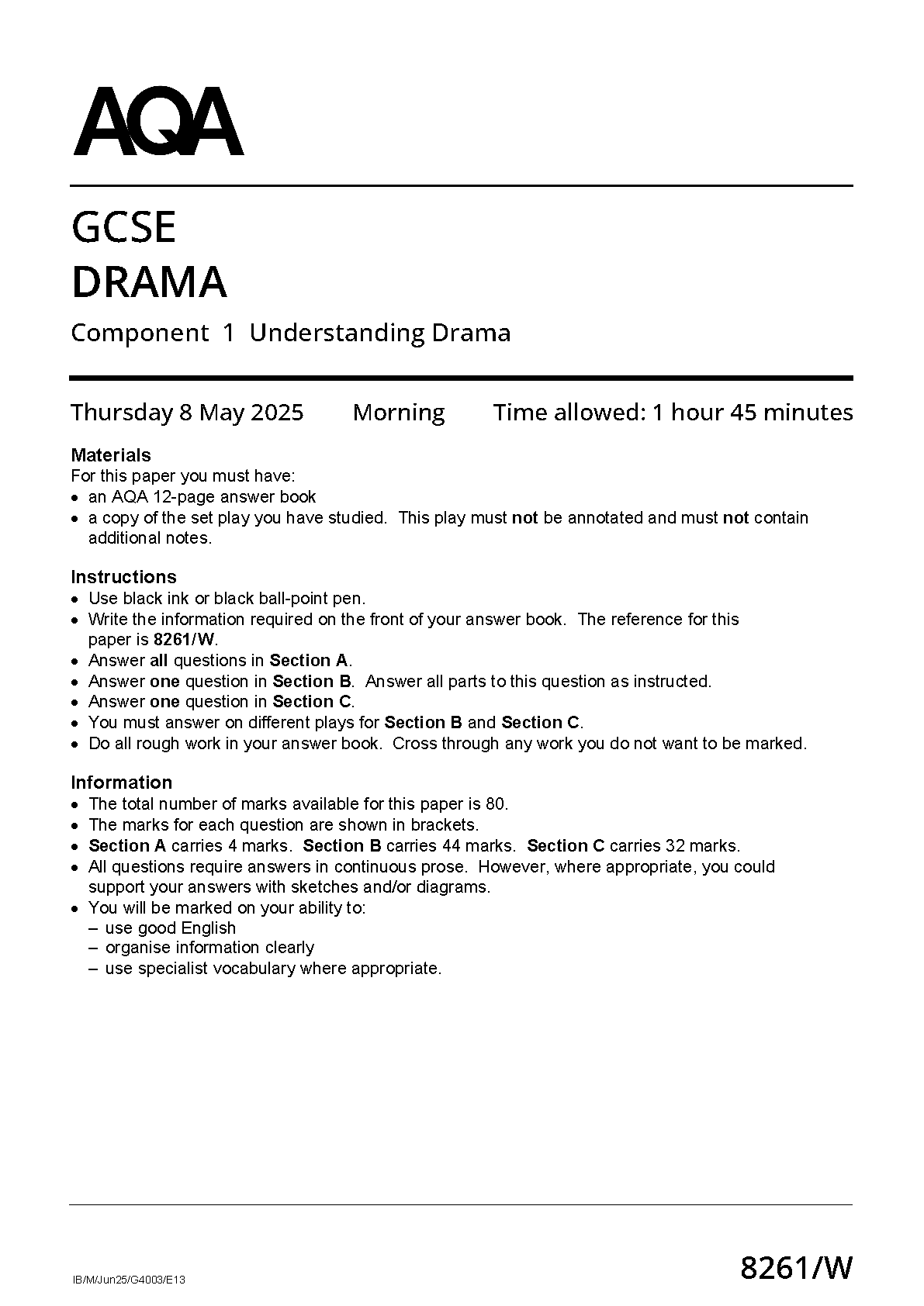 COMBINED 2025 AQA GCSE DRAMA Component 1 Question Paper and Mark Scheme (8261/W: Understanding Drama)