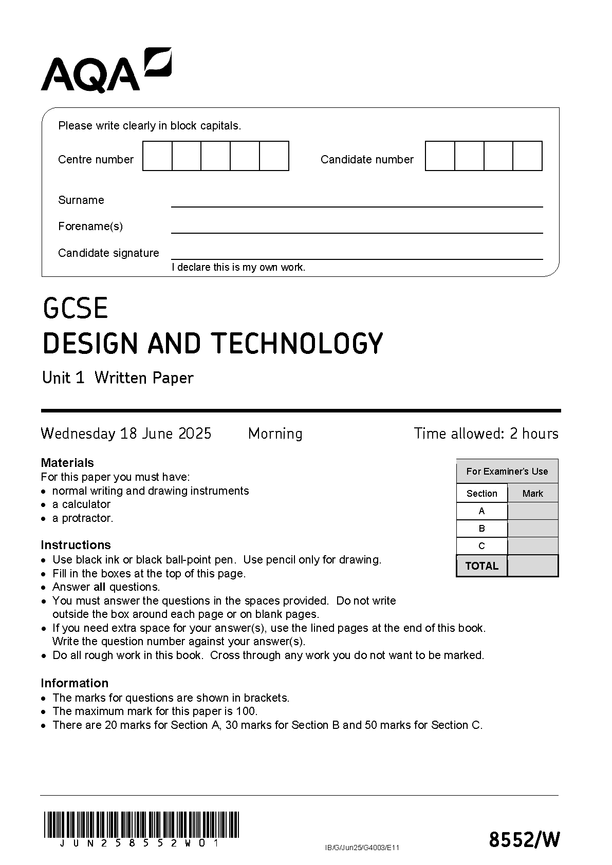 MERGED 2025 AQA GCSE DESIGN AND TECHNOLOGY Unit 1 Question Paper and Mark Scheme (8552/W: Written Paper)