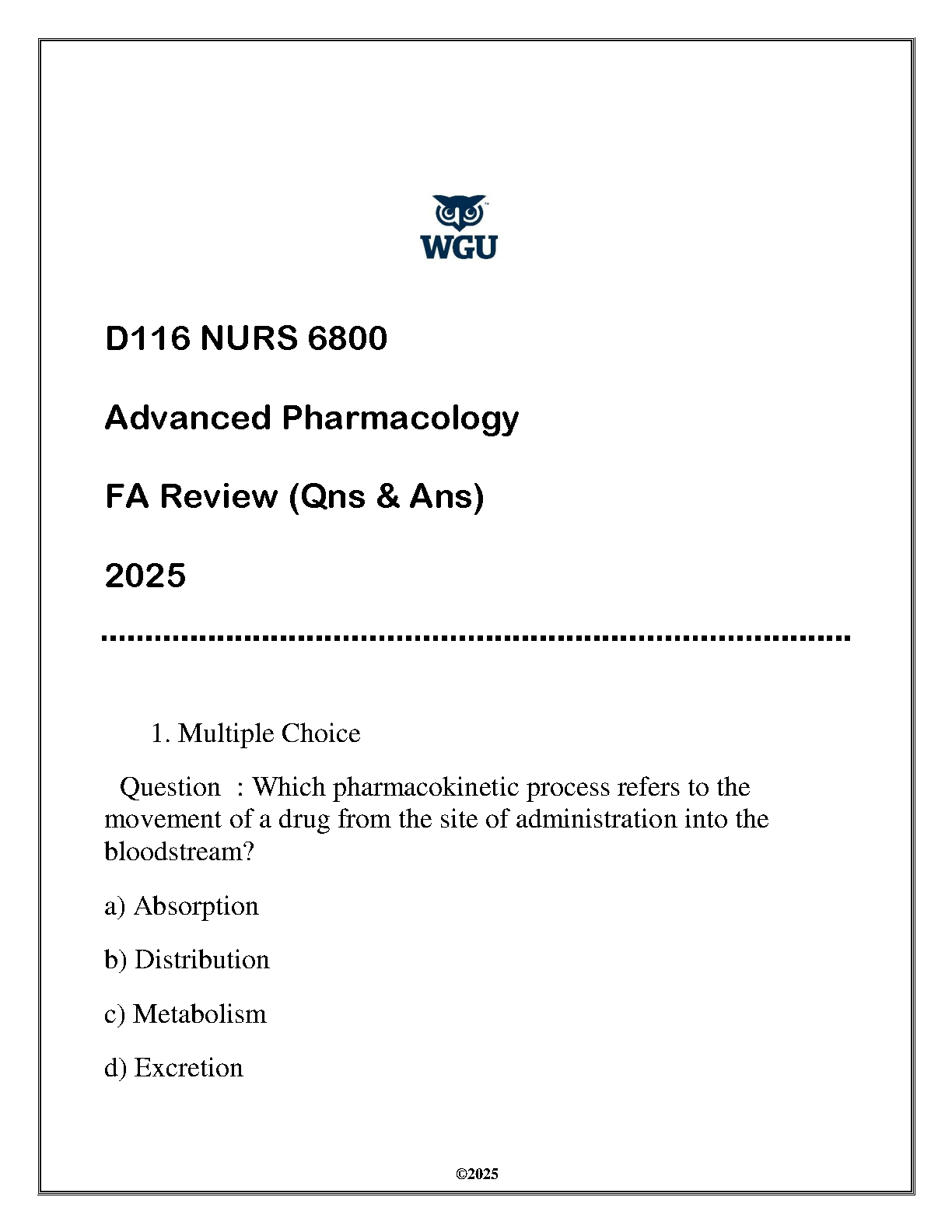 WGU NURS 6800 Advanced Pharmacology D116 Review Questions and Answers 2025 Edition Study Guide