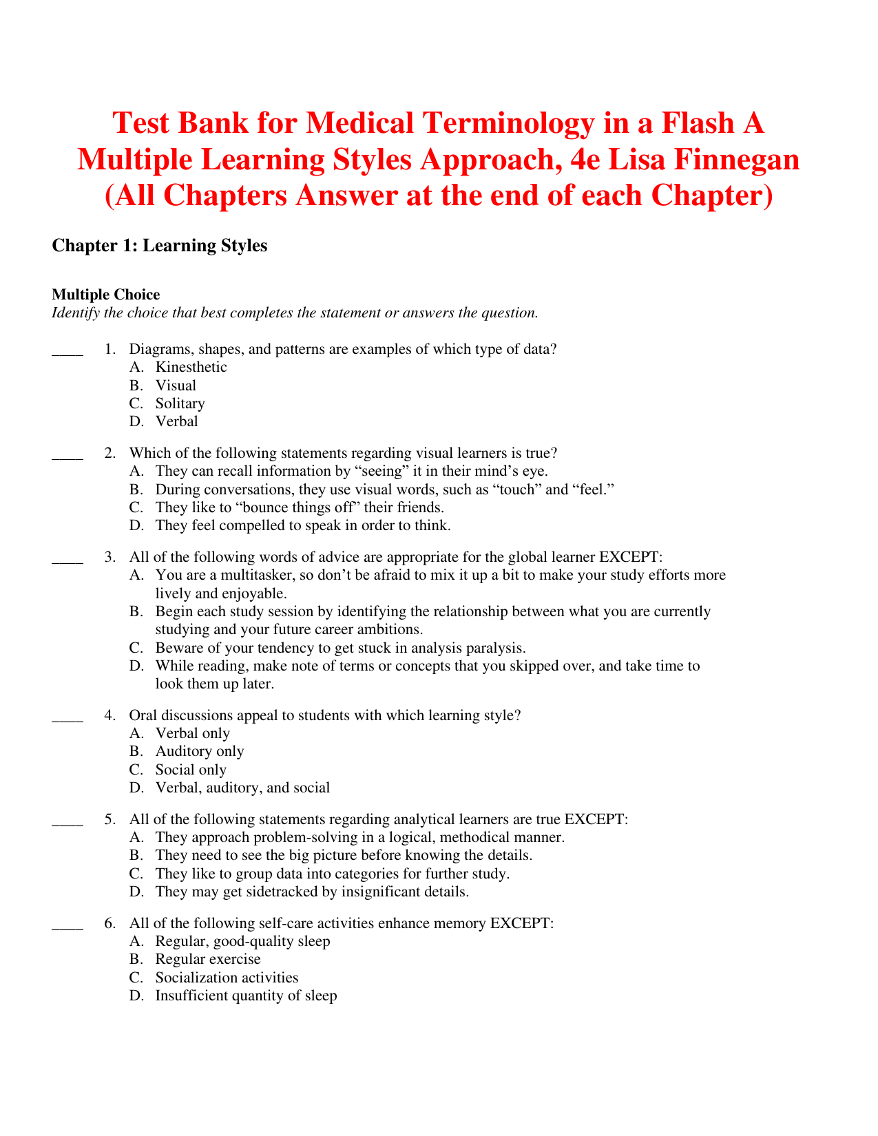 Medical Terminology in a Flash 4th Edition TEST BANK