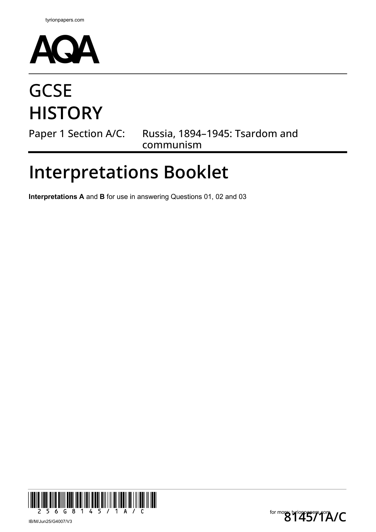 AQA GCSE History Paper 1A Section A/C 2025  Booklet
