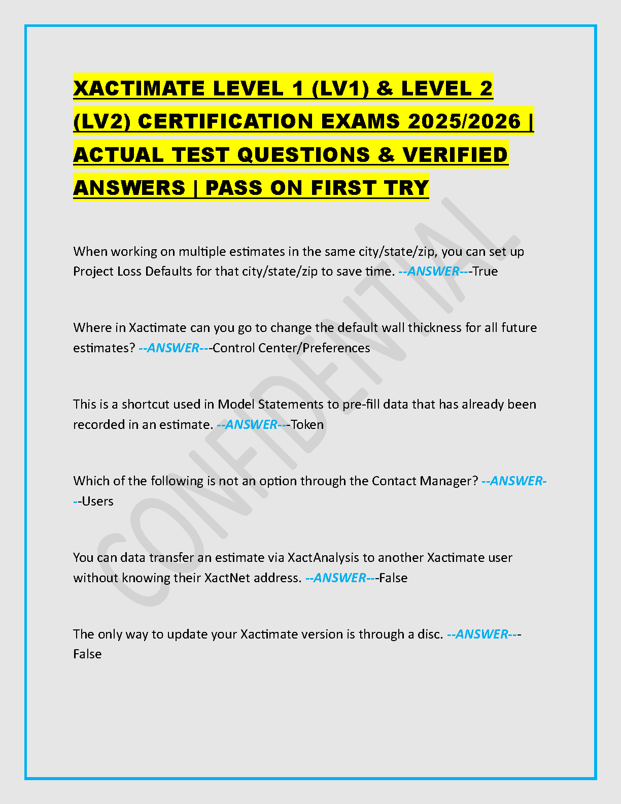 Xactimate LV1 & LV2 Certification Test Bank 2026/2027: Verified Real Exam Questions and Answers Guide