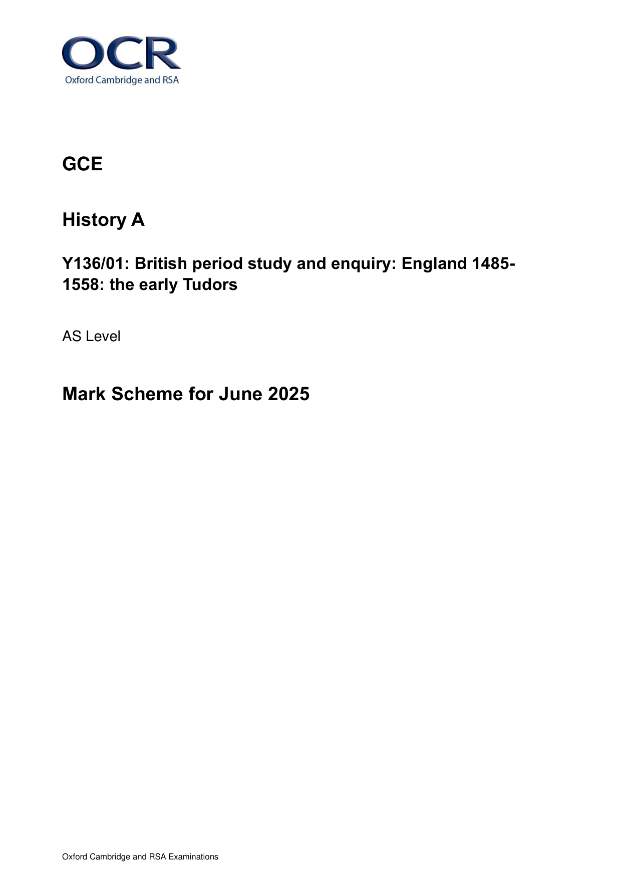 OCR AS Level History A Early Tudors 2025 Mark Scheme