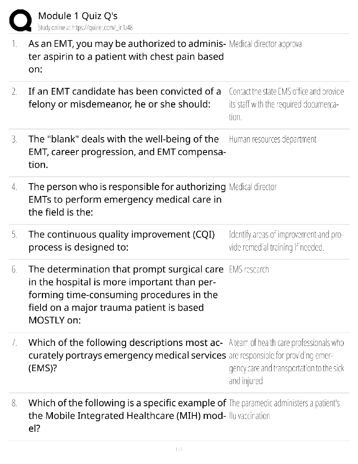 Test Bank for Emergency Care and Transportation of the Sick and Injured Module 1 Quiz Answers