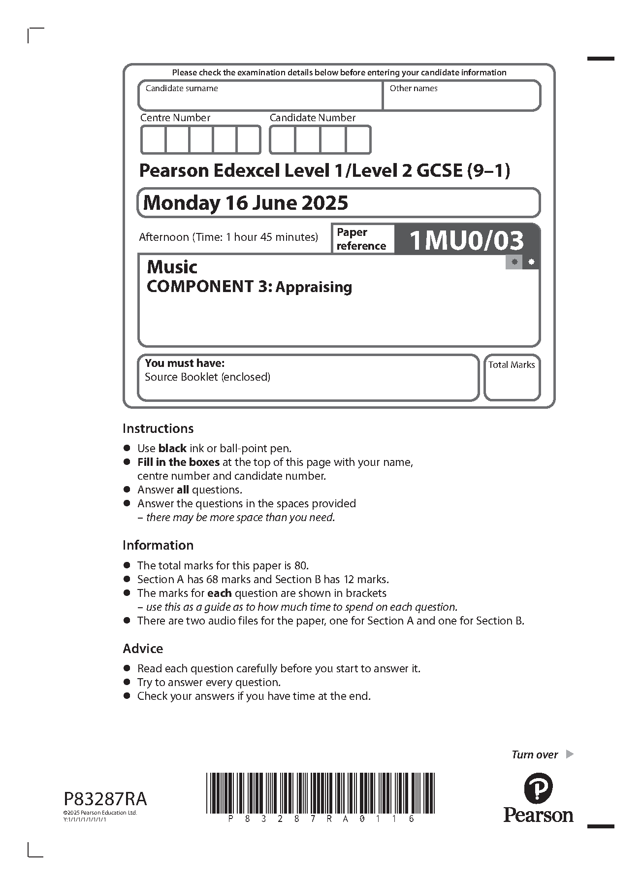 MERGED 2025 Pearson Edexcel GCSE Music Paper 3 and Mark Scheme (1MU0/03: Appraising)