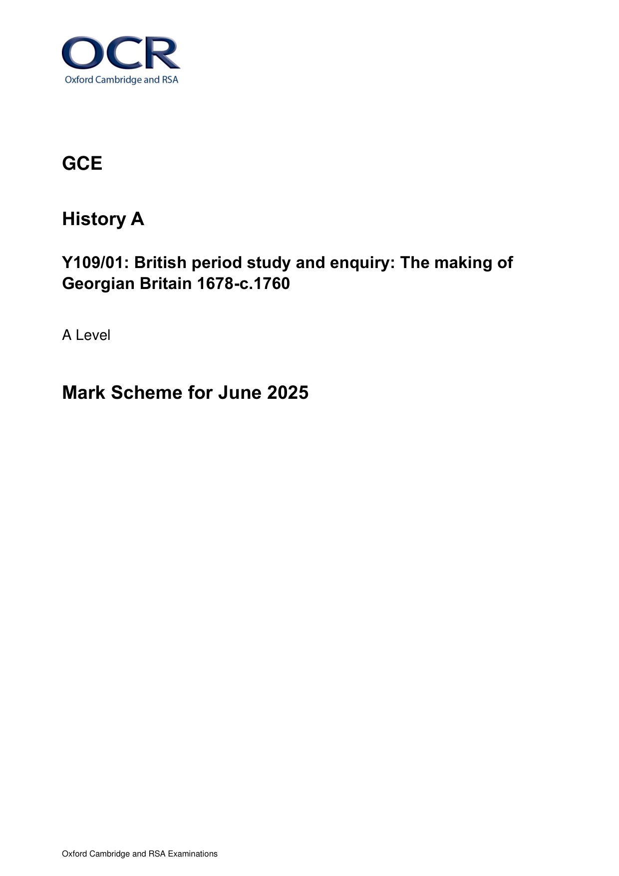 OCR A Level History A Georgian Britain 2025 Mark Scheme