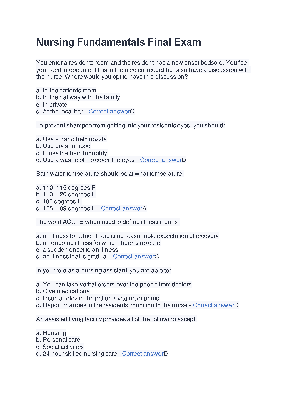 Nursing Fundamentals Final Exam - Test Bank with Questions and Verified ...