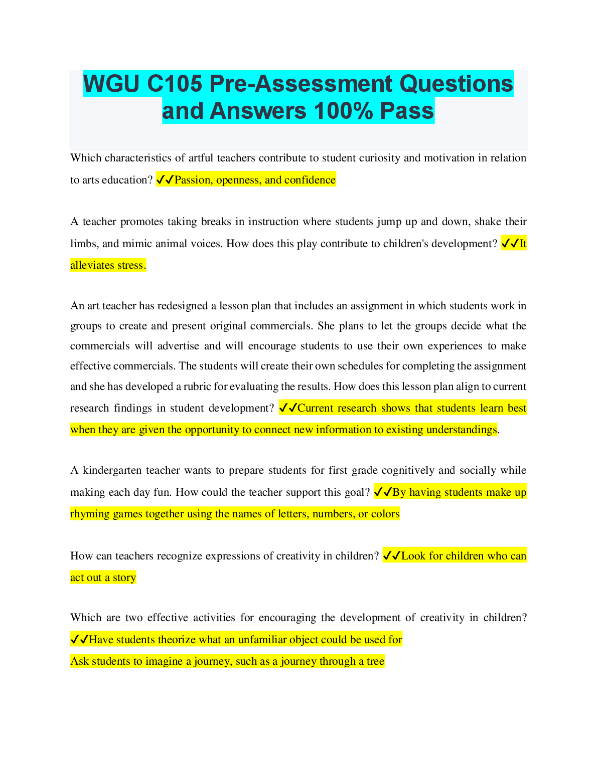 WGU C105 Foundations of Early Childhood Education Pre-Assessment Questions and Answers Study Guide