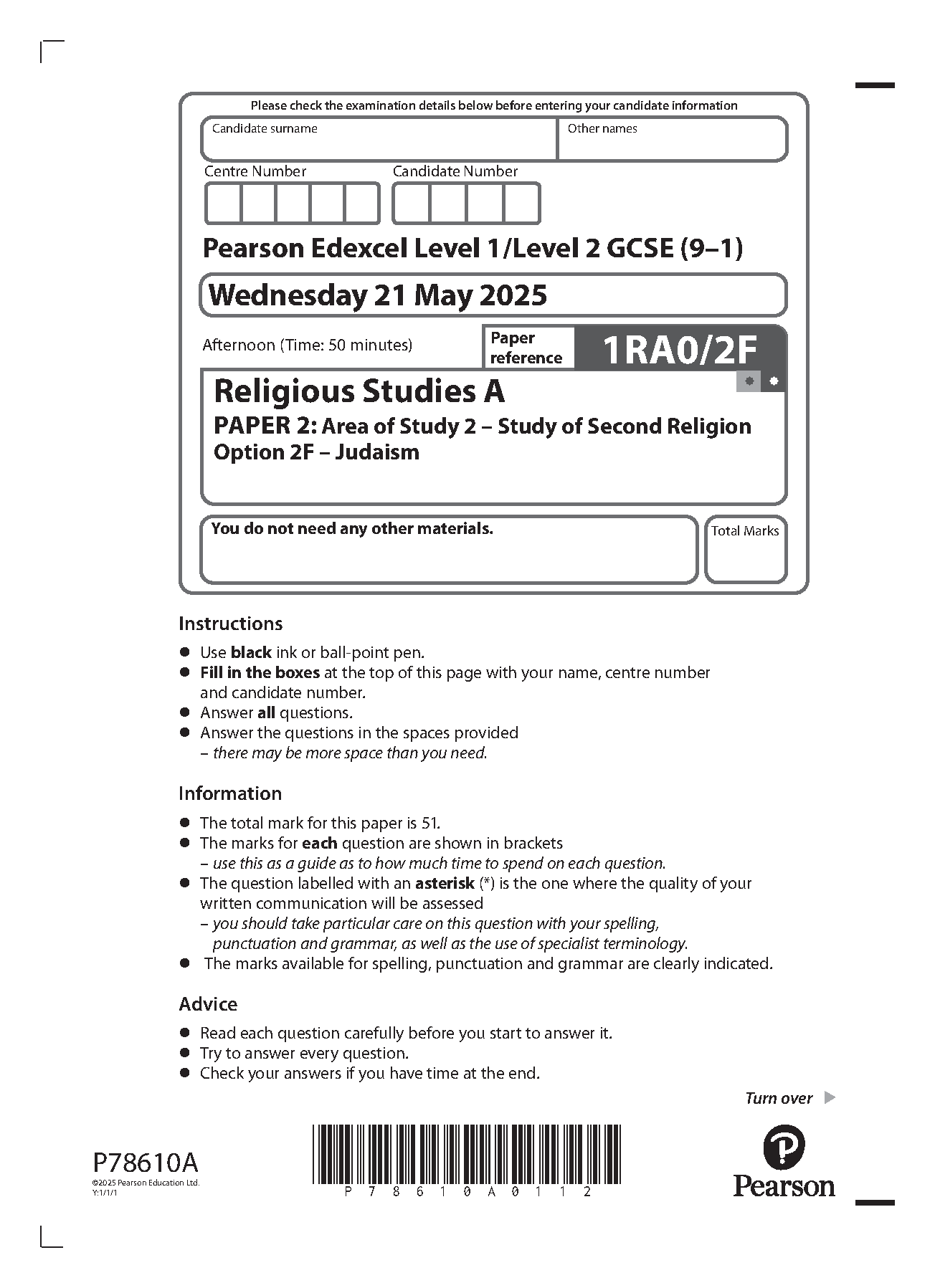 Pearson Edexcel GCSE Religious Studies Paper 2F 2025 QP