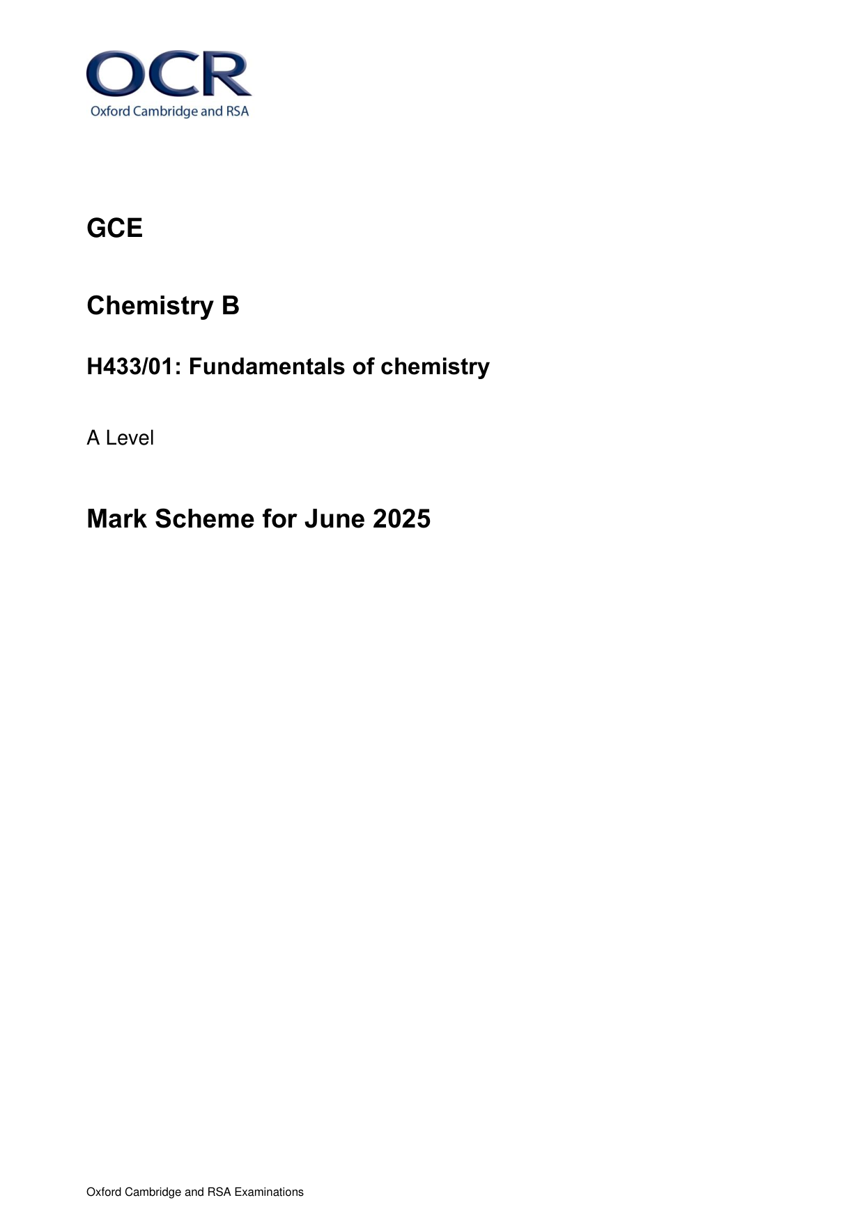 OCR A Level Chemistry B Paper 1 2025 Mark Scheme