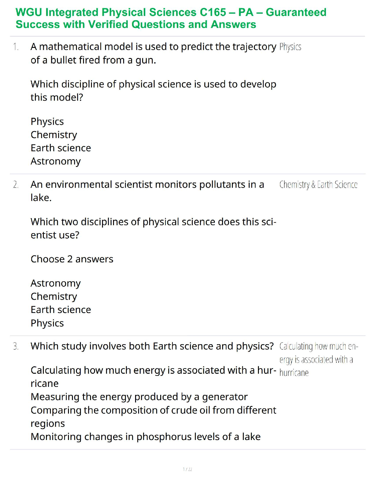 WGU C165 Integrated Physical Sciences Test Bank: Comprehensive PA Study Guide with Verified Questions and Answers for Guaranteed Success