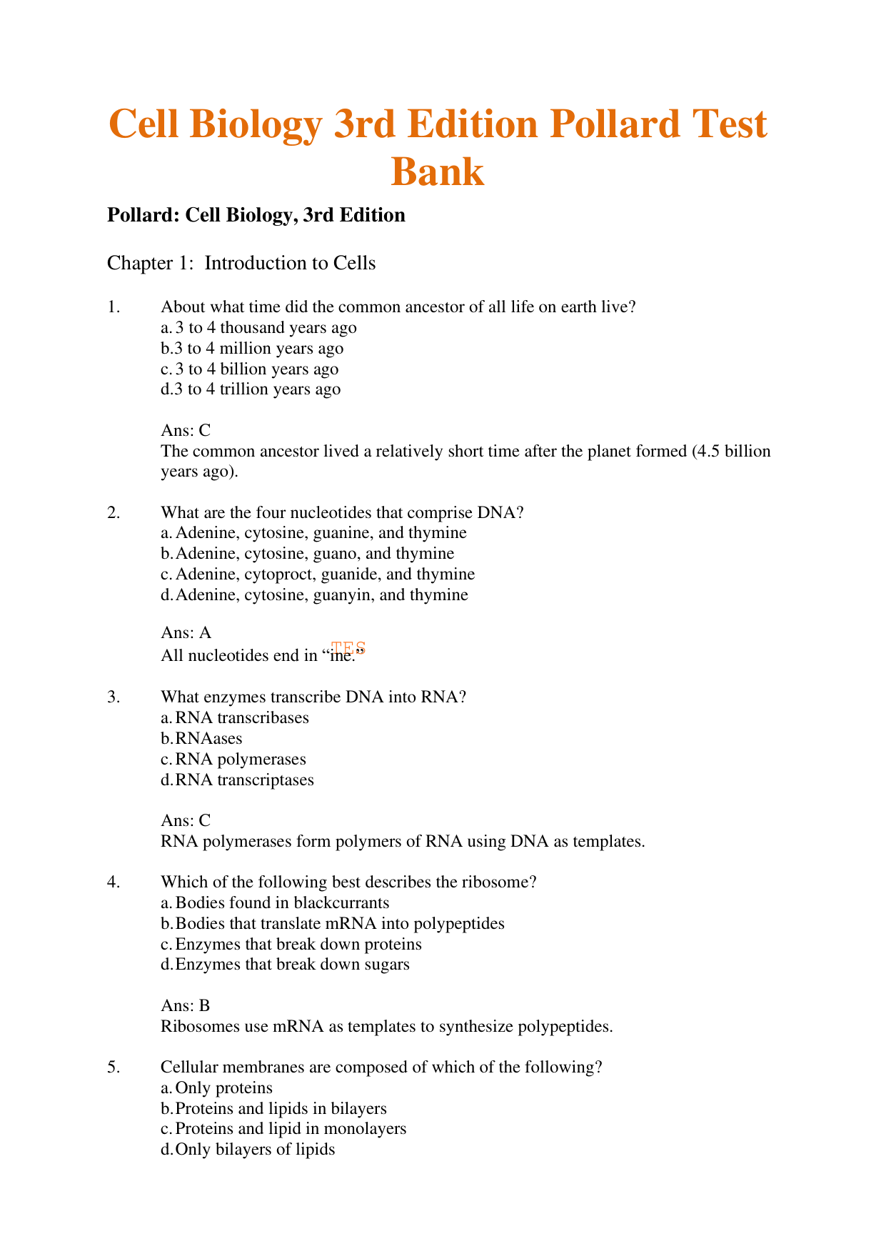 Cell Biology, 3rd Edition TEST BANK