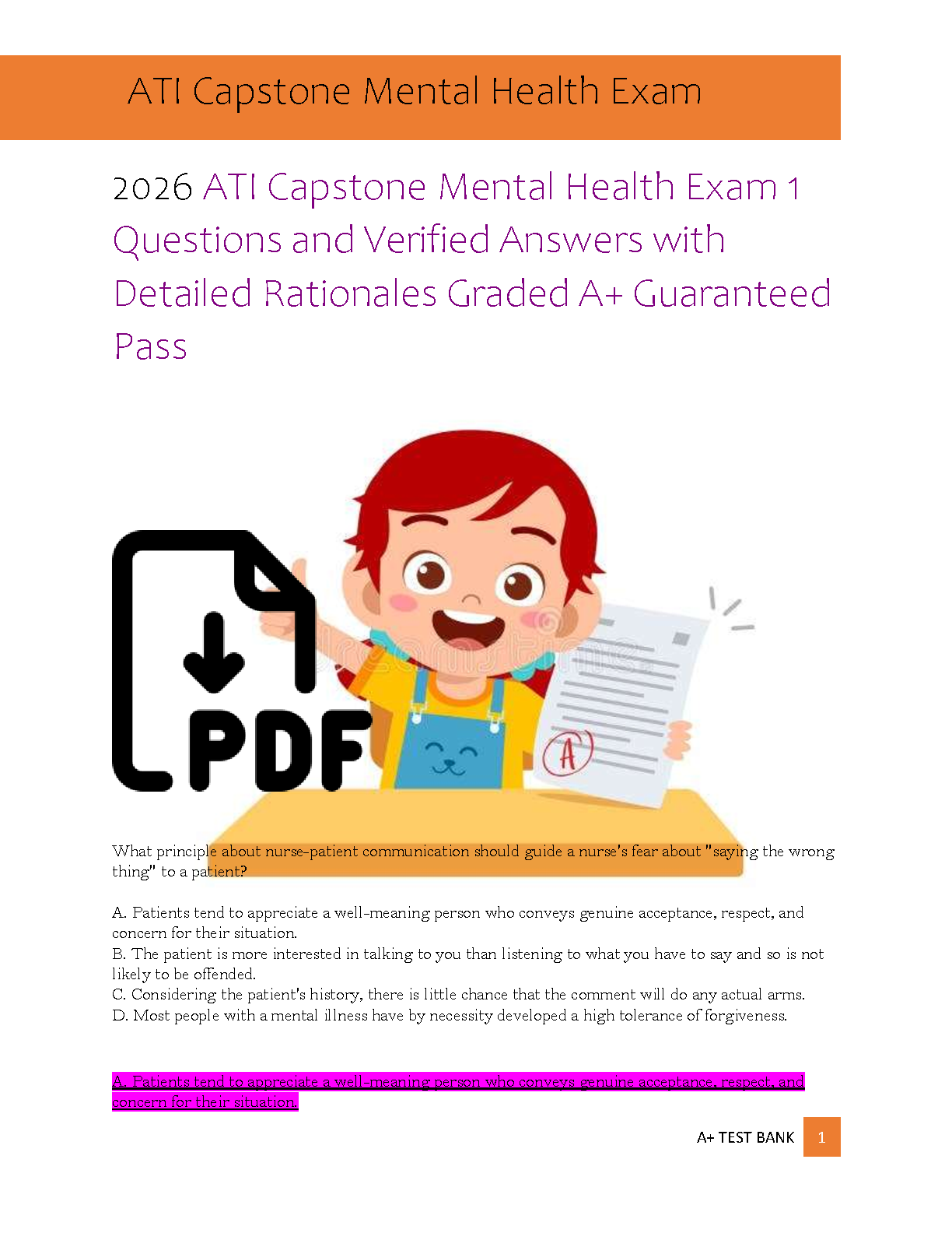 ATI Capstone Mental Health Exam 1 Test Bank 2026 by ATI Nursing Education | Questions, Verified Answers & Rationales for A+ Success