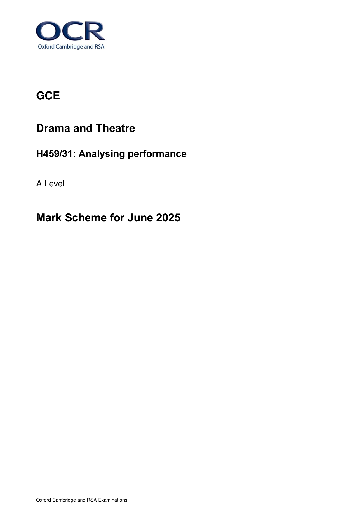 OCR A Level Drama and Theatre Paper 31 Mark Scheme
