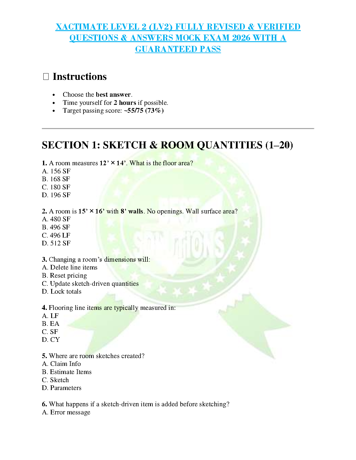 Xactimate Level 2 (LV2) Certification Exam Test Bank - 2026 Fully Verified Questions and Answers for Claims Adjusters