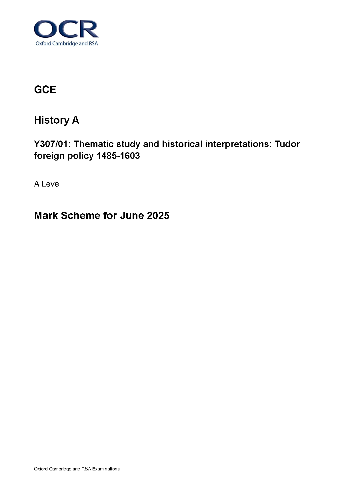 OCR A Level History A Foreign Policy 2025 Mark Scheme
