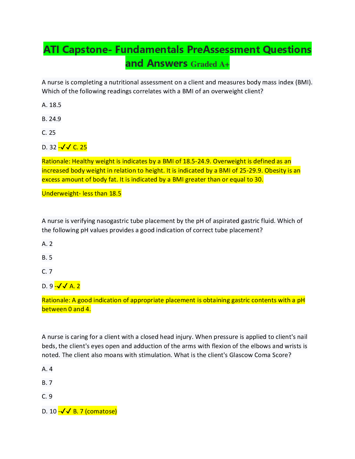 ATI Capstone Fundamentals PreAssessment Questions and Answers Graded A+ Study Resource for Nursing Students