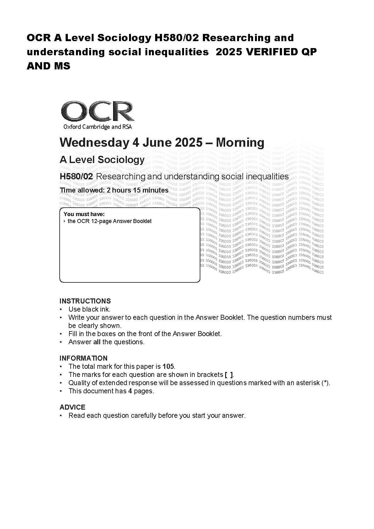 OCR A Level Sociology H580/02 Researching and Understanding Social Inequalities June 2025 Verified Question Paper and Mark Scheme for Students