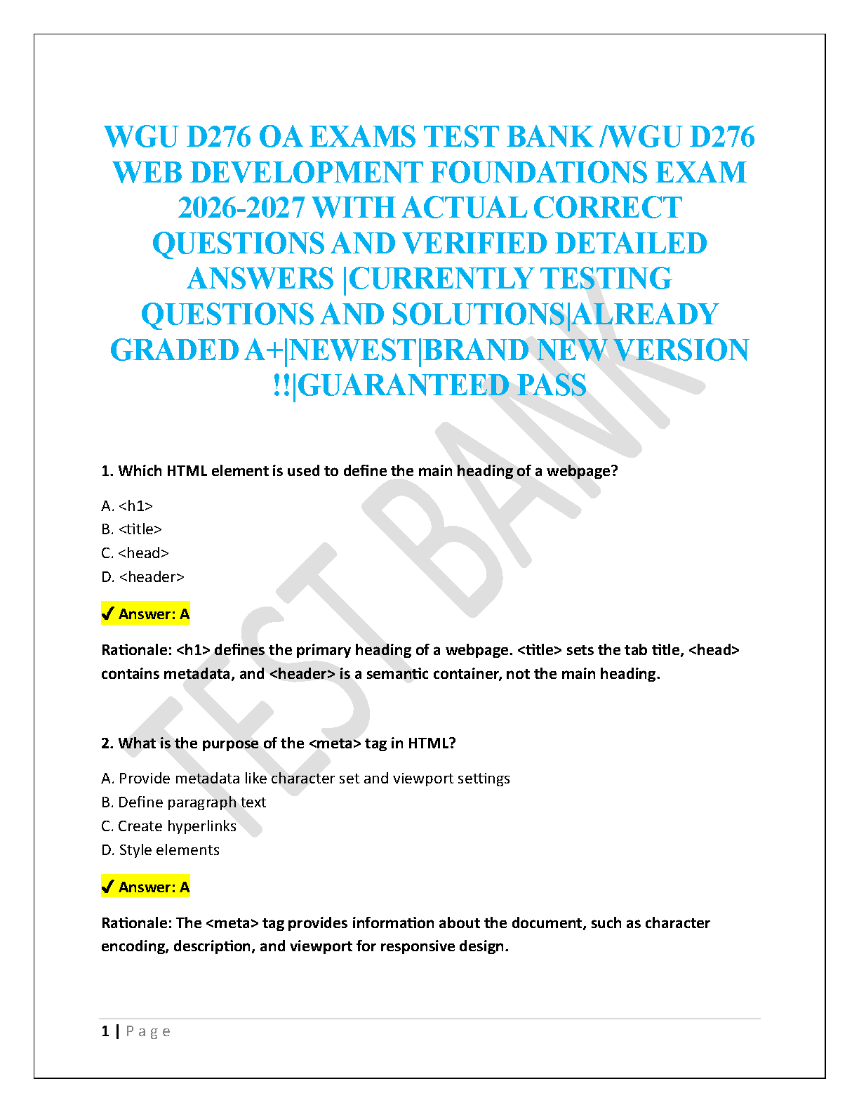 WGU D276 Web Development Foundations OA Exam Test Bank Verified Q&A and Rationales for 2026-2027 Academic Year