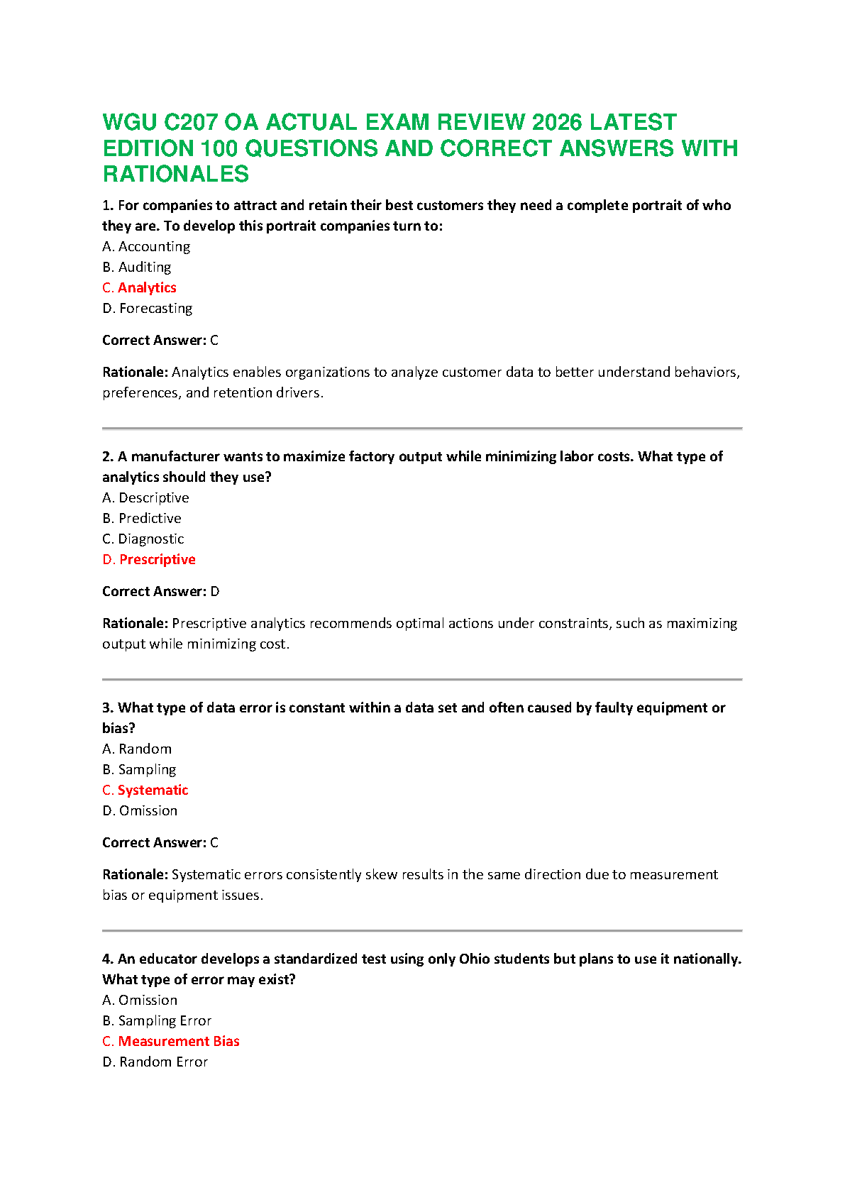 Test Bank for WGU C207 Data-Driven Decision Making (Albright & Winston) - 2026 Latest Edition with 100 Verified Questions, Answers & Rationales for First-Attempt OA Success