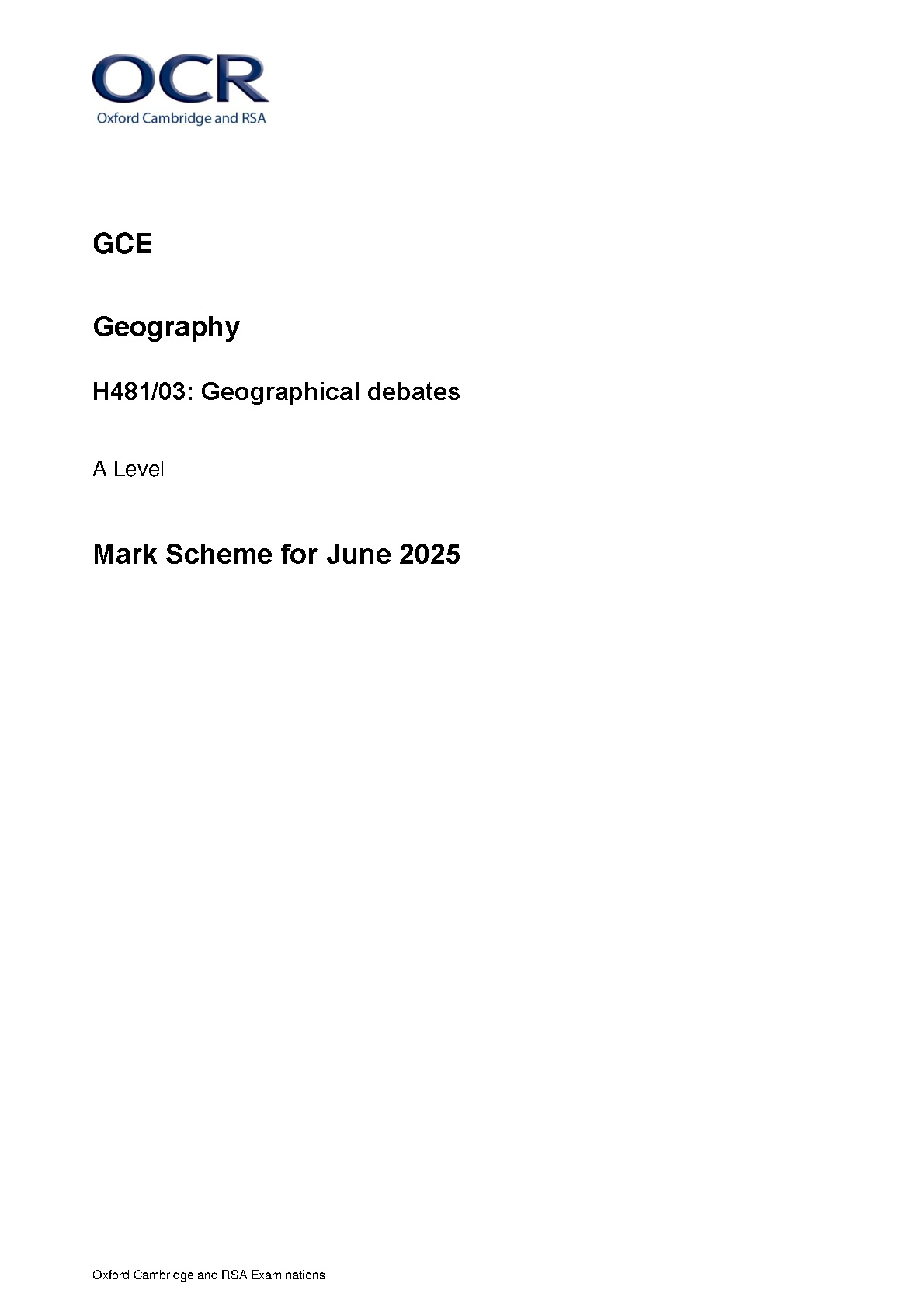 OCR A Level Geography Paper 3 2025 Mark Scheme