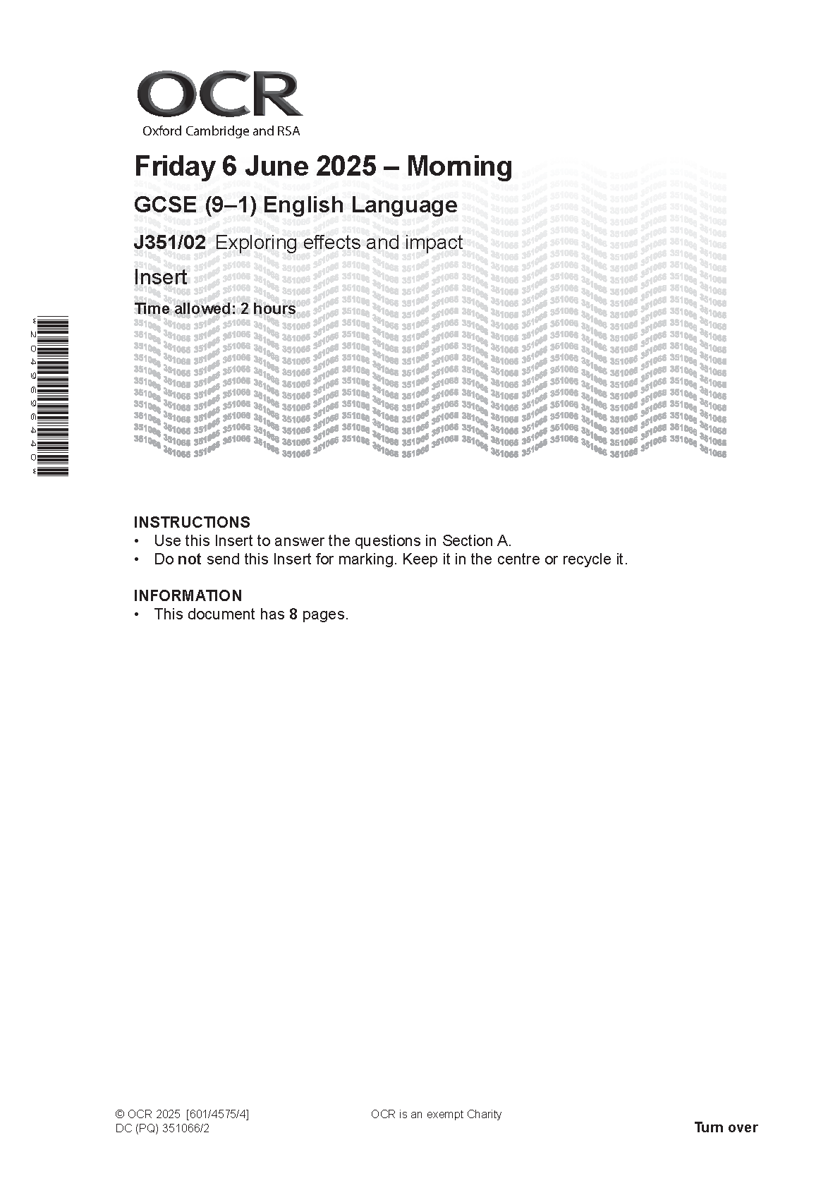 2025 OCR GCSE English Language insert (J351/02: Exploring effects and impact)