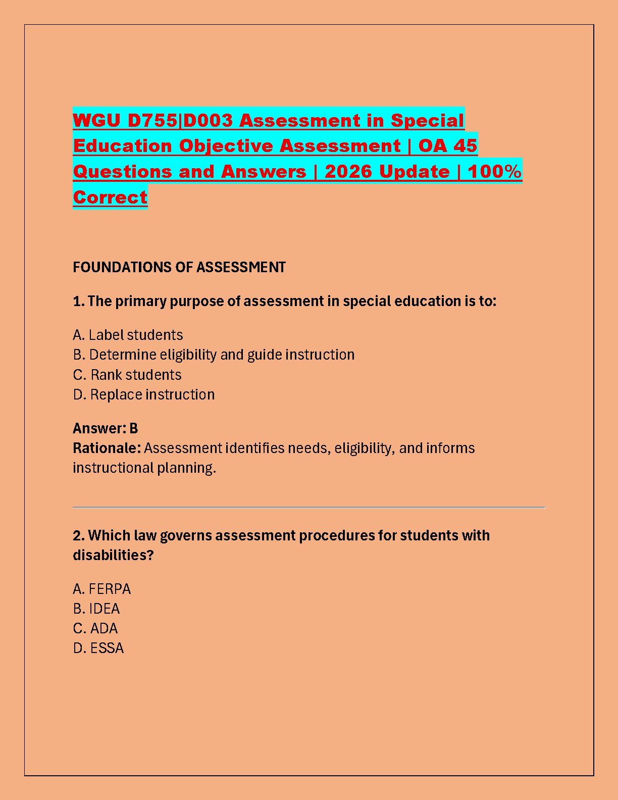 WGU D755 Assessment in Special Education Objective Assessment Test Bank 2025-2026 Edition