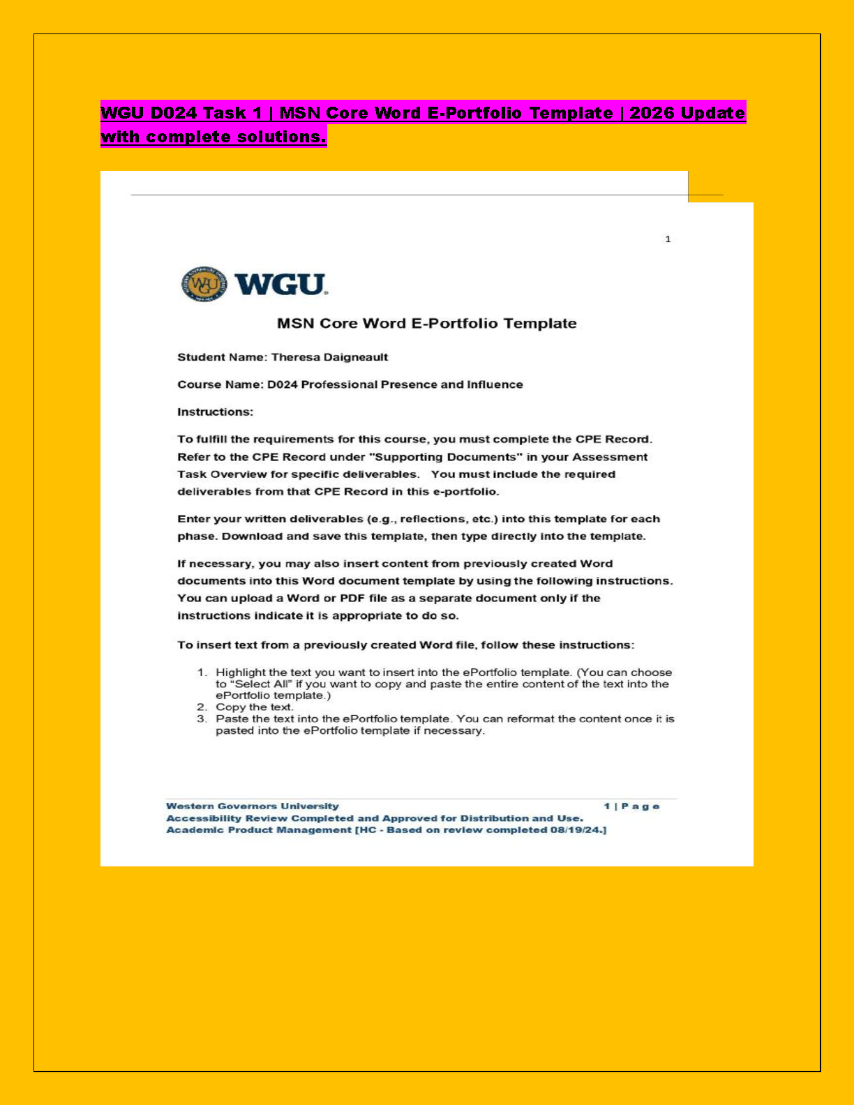 WGU D024 Task 1 E-Portfolio: Professional Presence and Influence Complete Solved Assignment Guide for MSN Students