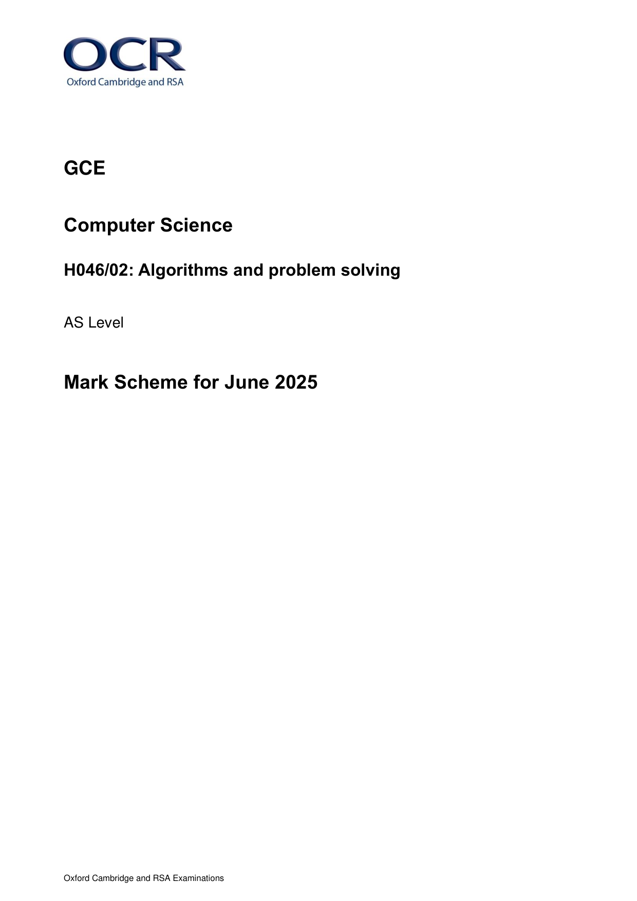 OCR AS Level Computer Science Paper 2 Mark Scheme