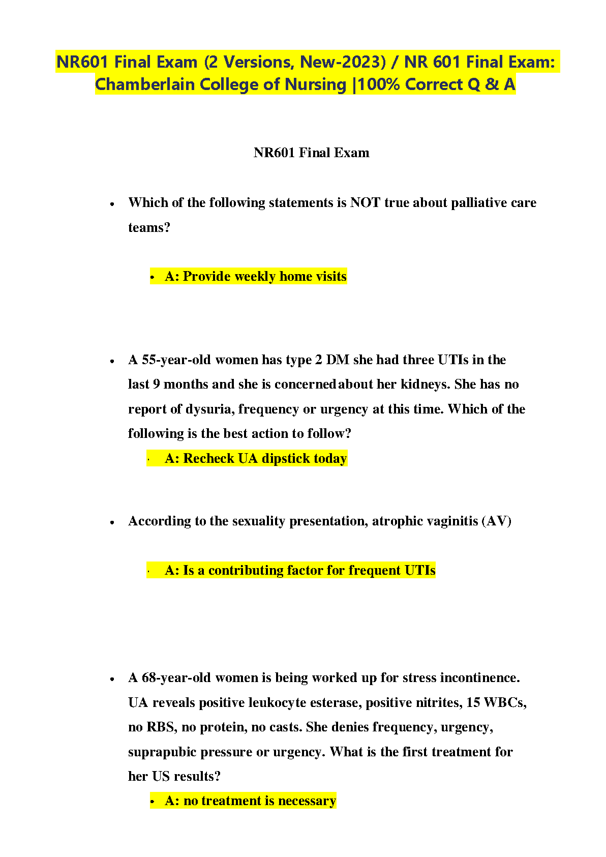 NR601 Final Exam Test Bank Chamberlain College of Nursing 2023 Edition Two Versions Complete Questions Answers