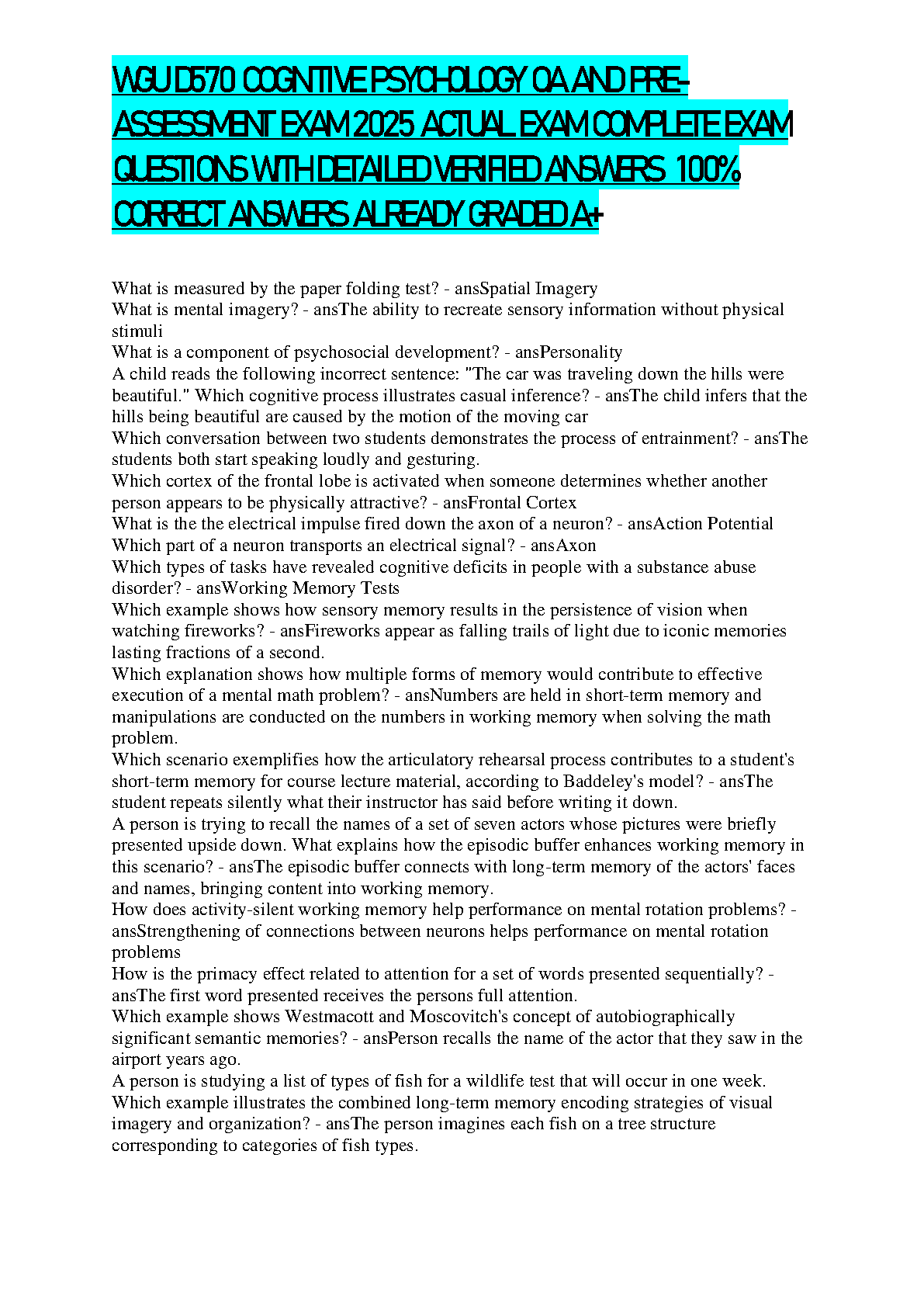 WGU D570 Cognitive Psychology Test Bank: Verified Questions and Answers for OA & Pre-Assessment Success