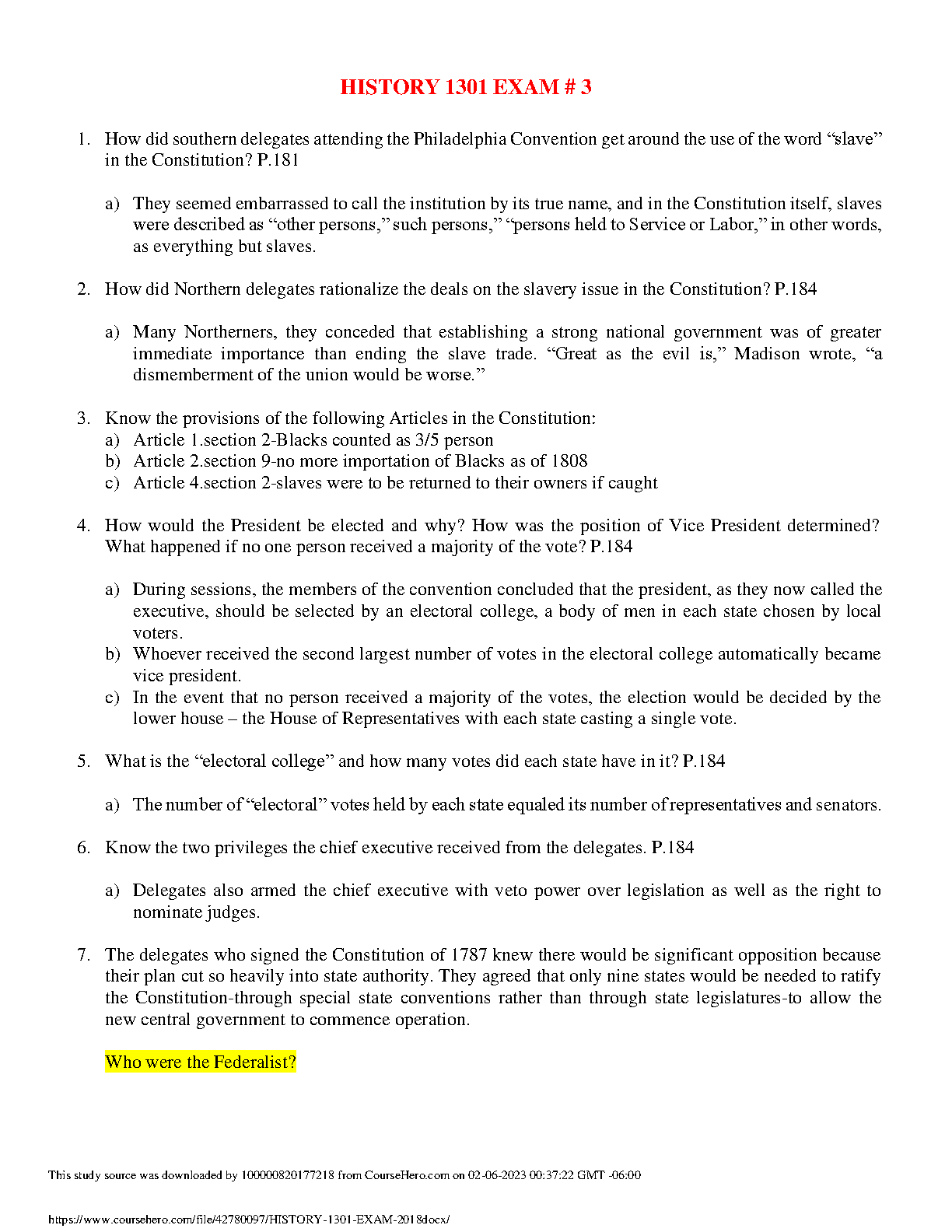 HISTORY 1301 Exam 3 Study Guide: US Constitution & The Federalists | Latest 2025/2026 Edition for Guaranteed First-Attempt Pass
