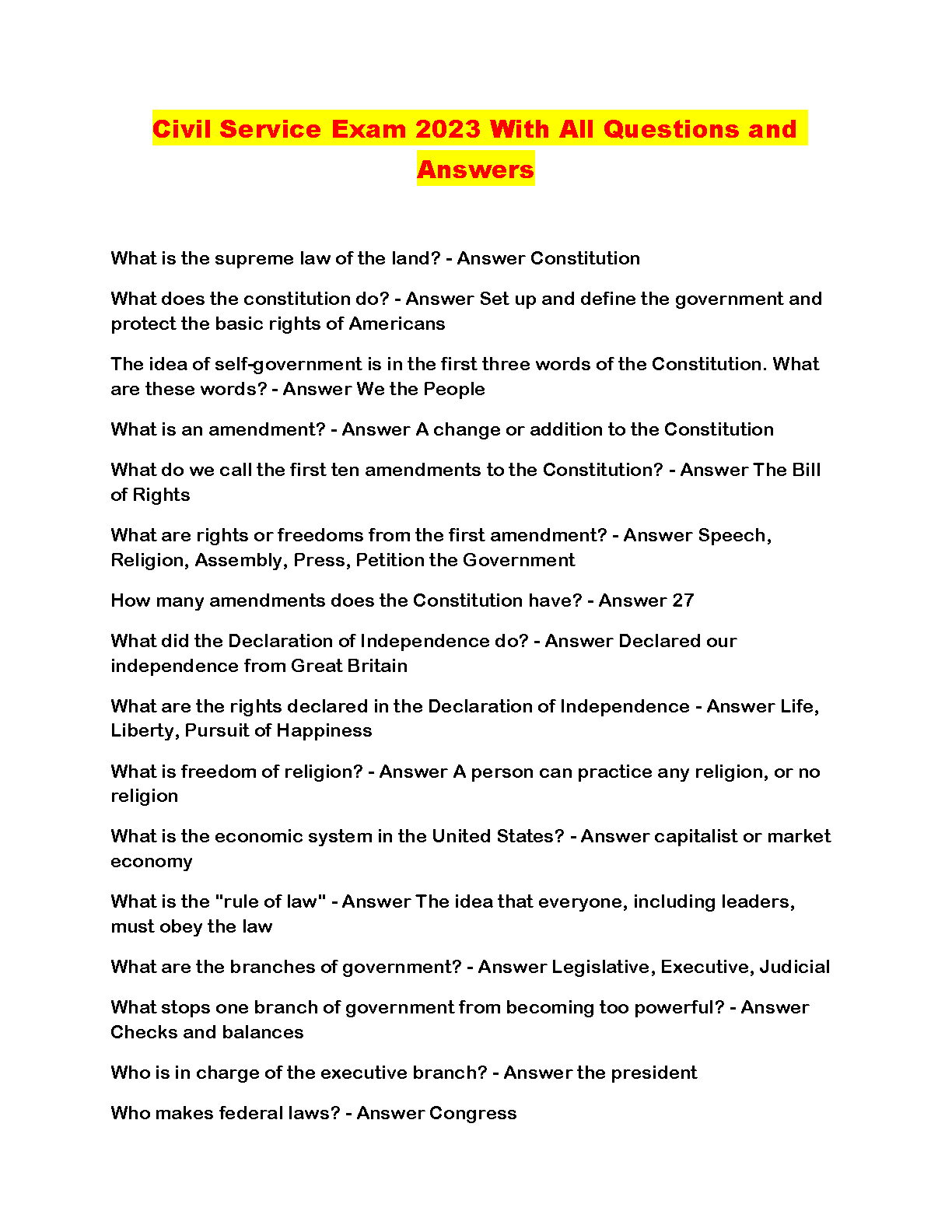 Civil Service Exam U.S. Civics Test Bank 2025/2026 Complete Questions Verified Answers Study Guide