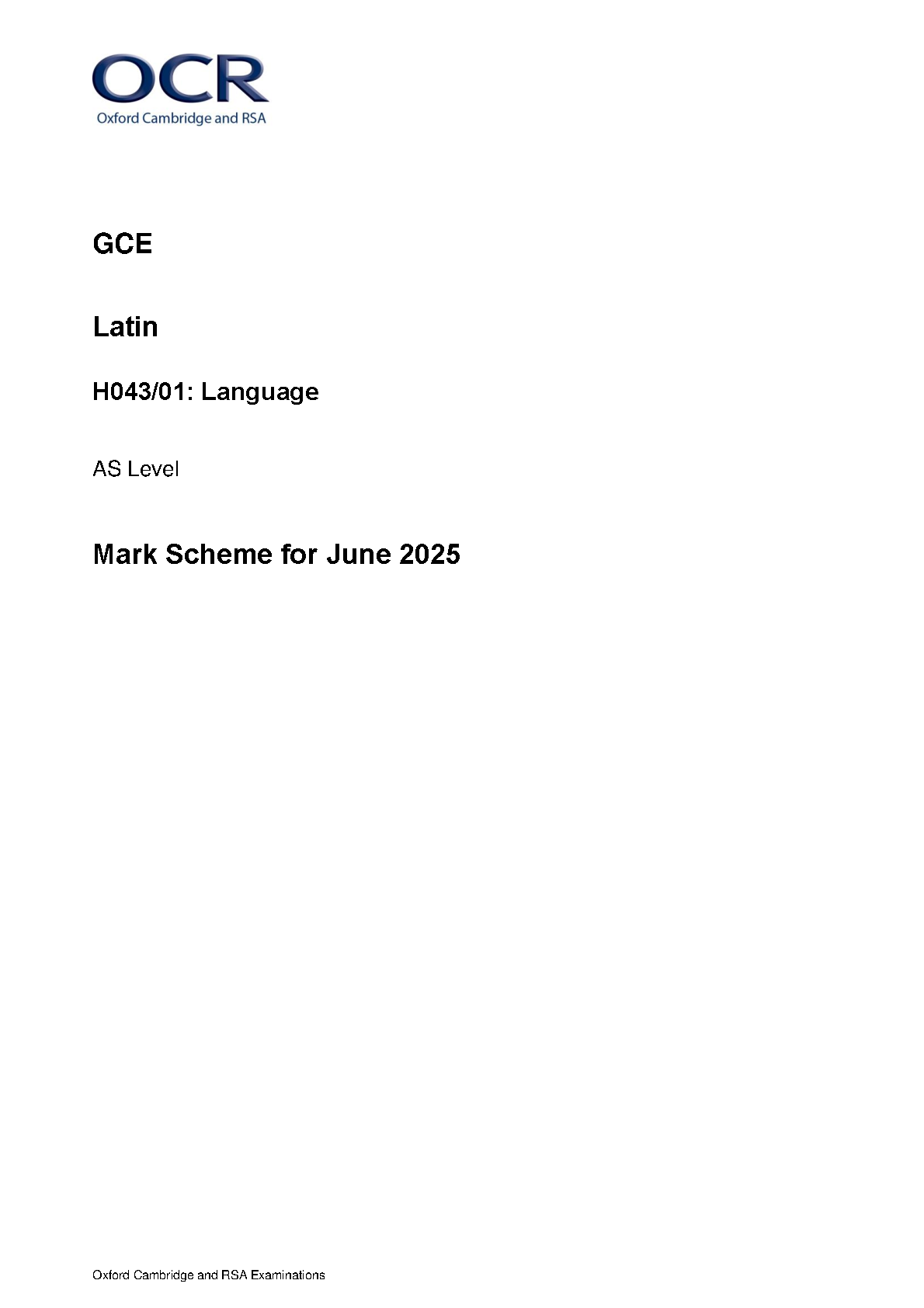 OCR AS Level Latin Paper 1 2025 Mark Scheme