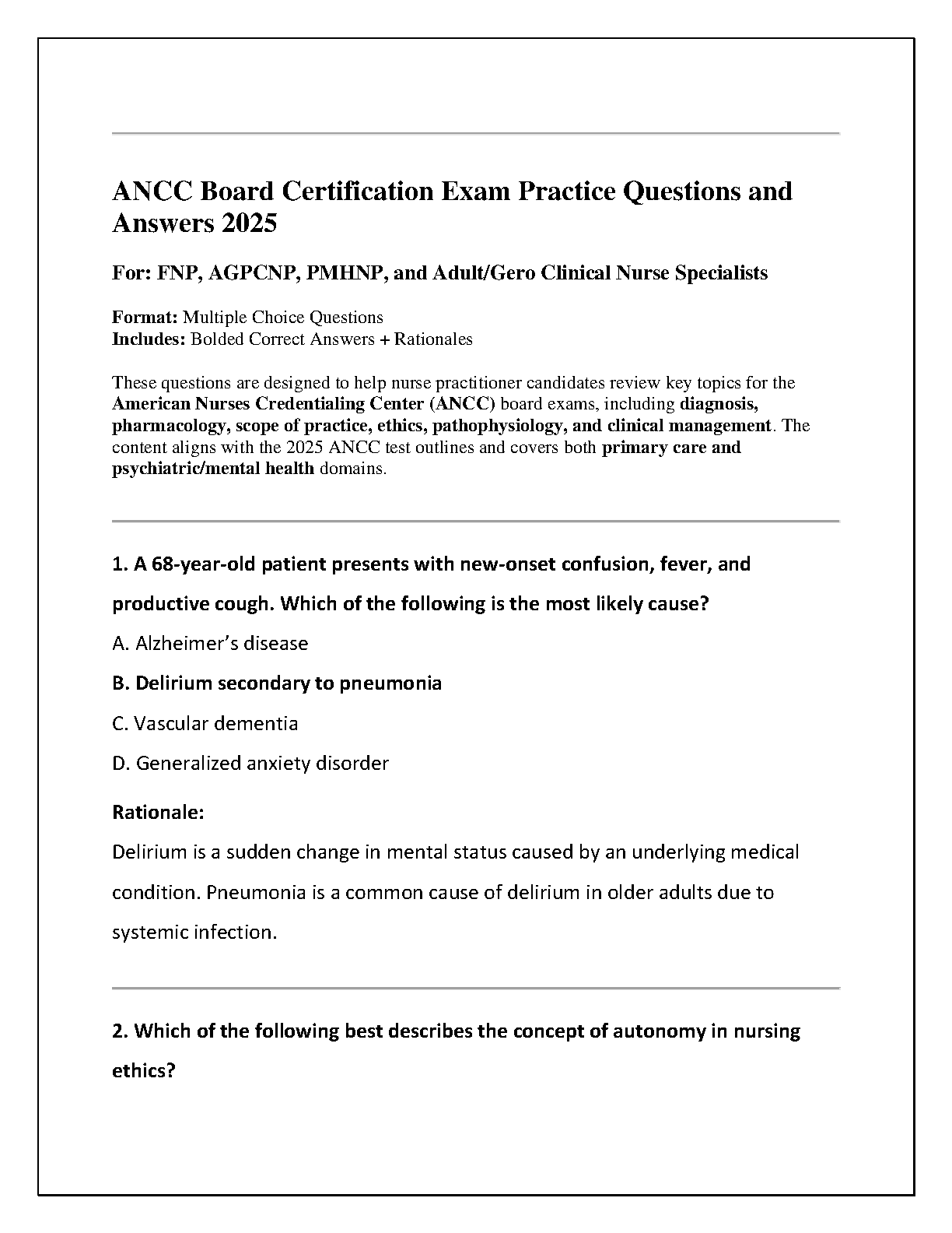 ANCC Board Certification Exam Practice Questions and Answers 2025 FNP AGPCNP PMHNP Guide