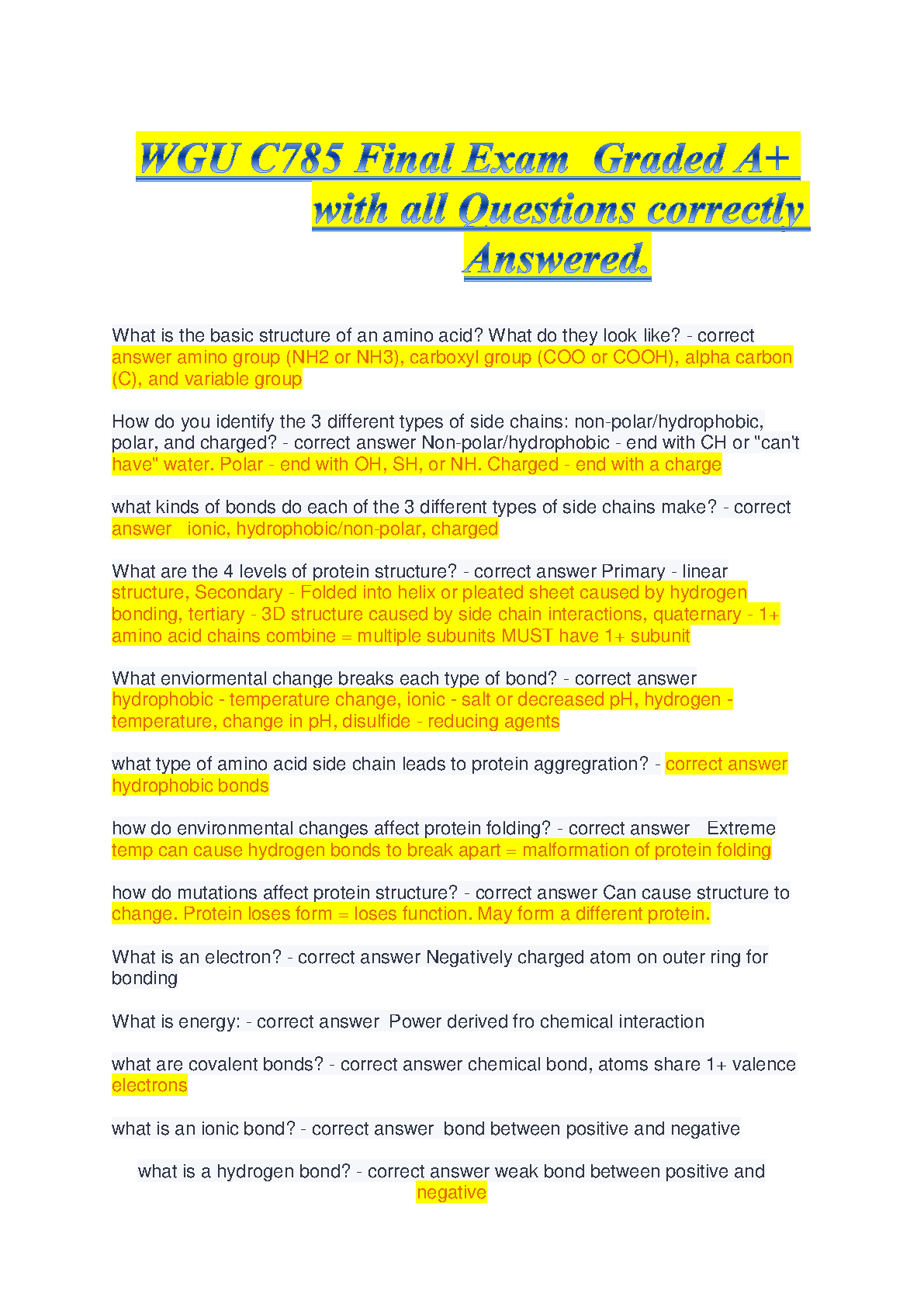 WGU C785 Biochemistry Final Exam Study Guide 2025/2026 with Verified Q&A and A+ Results