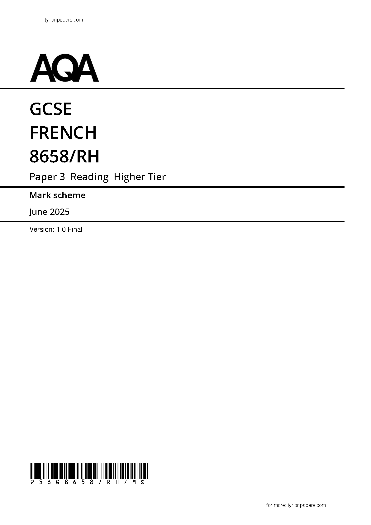 AQA GCSE French Paper 3h 2025 Mark Scheme