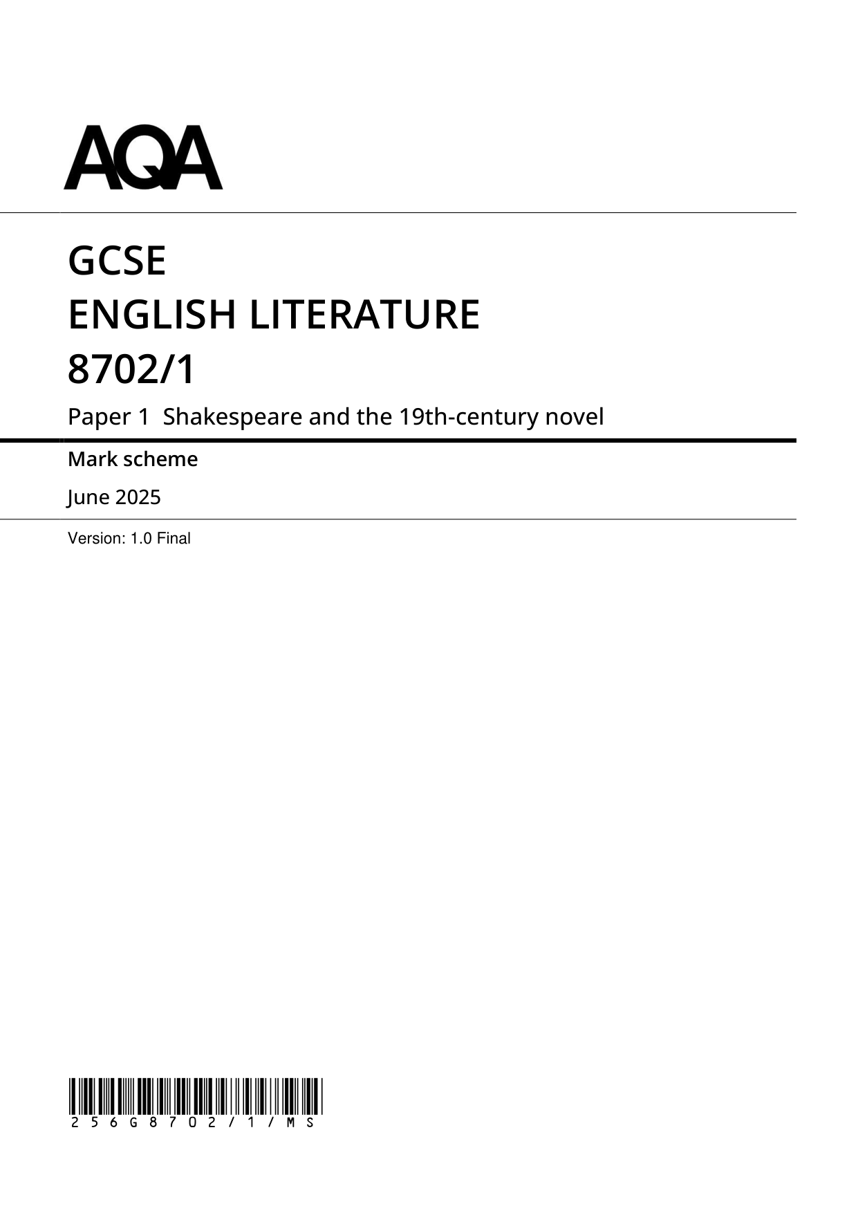AQA GCSE English Literature Paper 1 2025 Mark Scheme