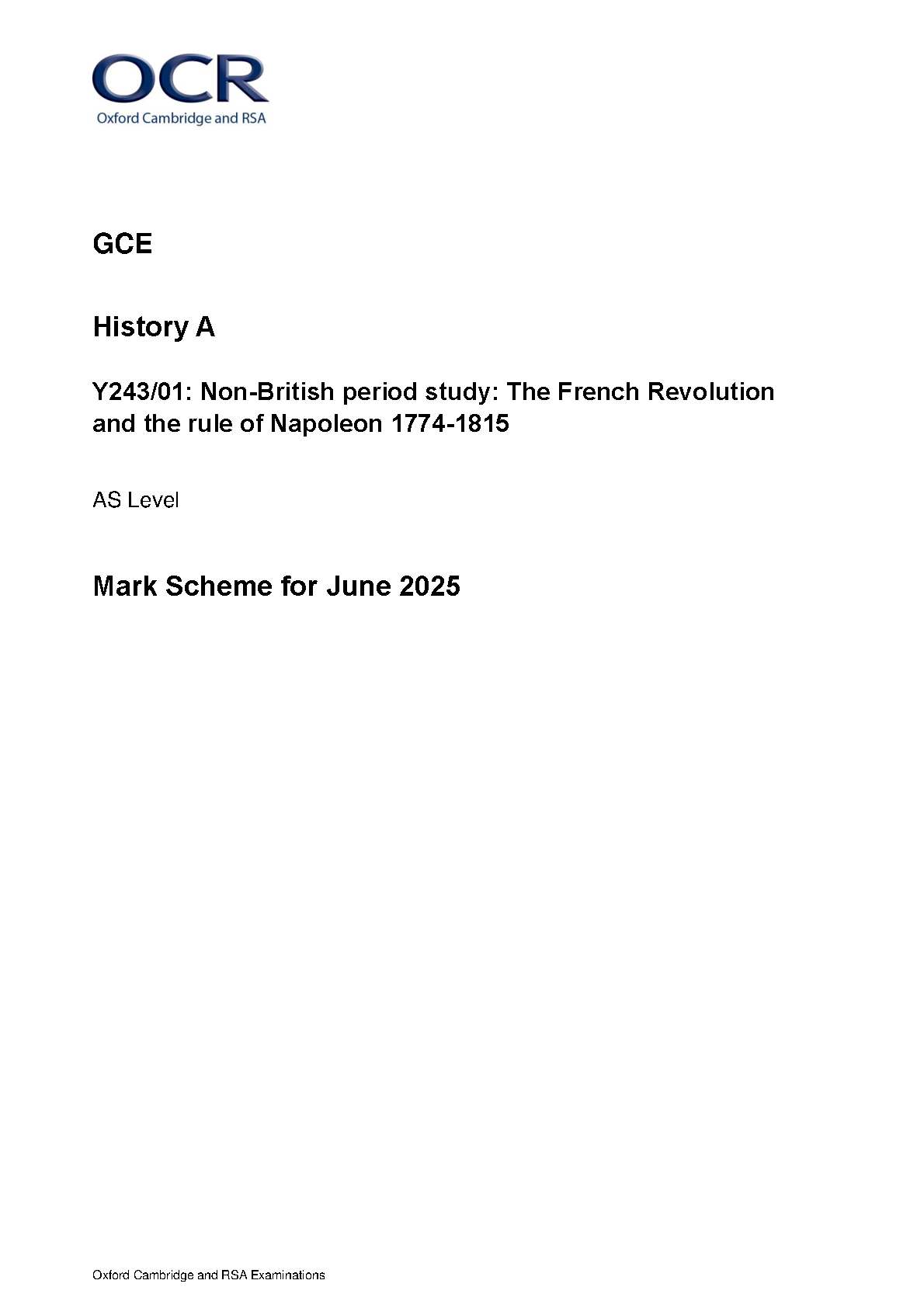 OCR AS Level History A French Revolution 2025 Mark Scheme