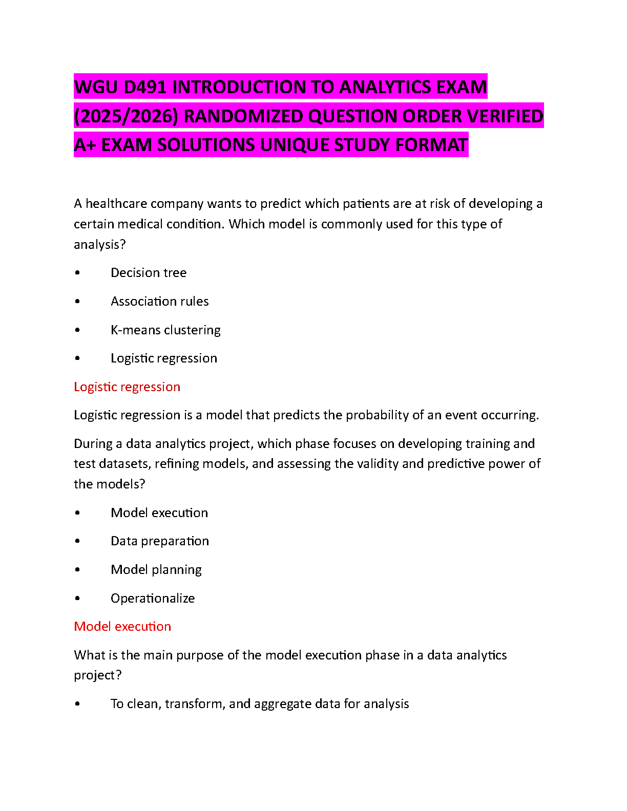 WGU D491 Introduction to Analytics Exam Solutions Study Guide with Verified Questions and Answers for 2025/26