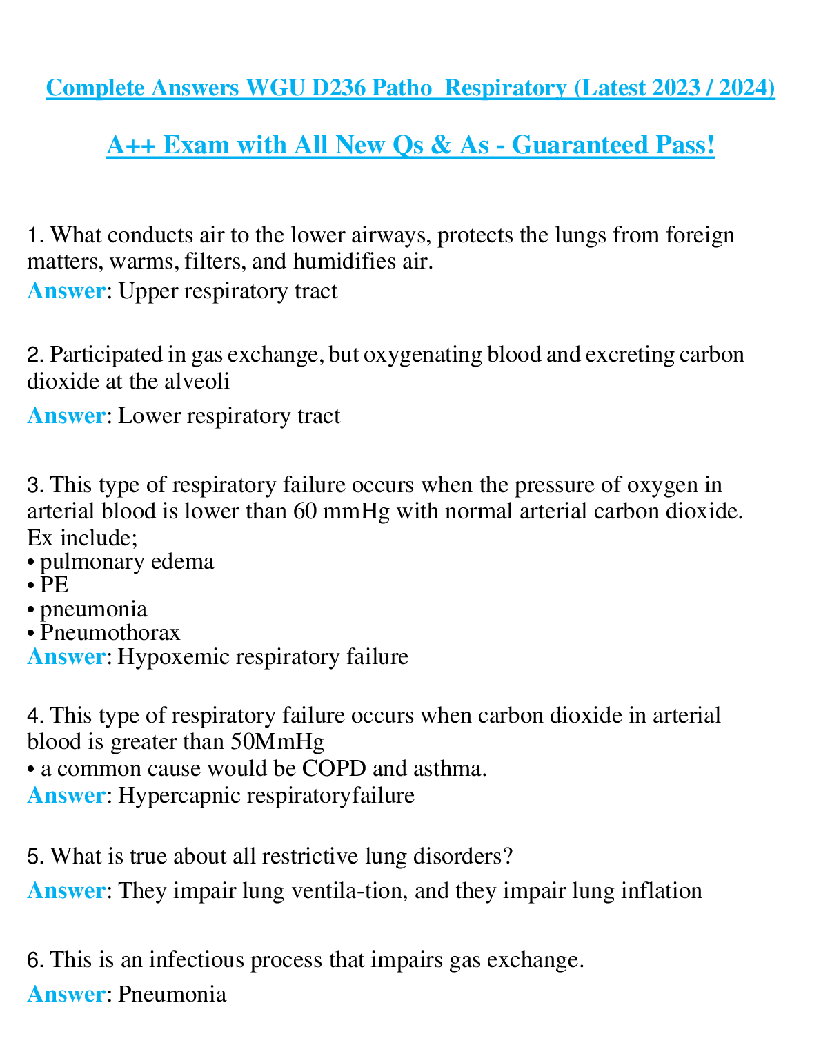 WGU D236 Patho Respiratory Complete Answers Study Guide for Latest 2023/2024 Exam Preparation