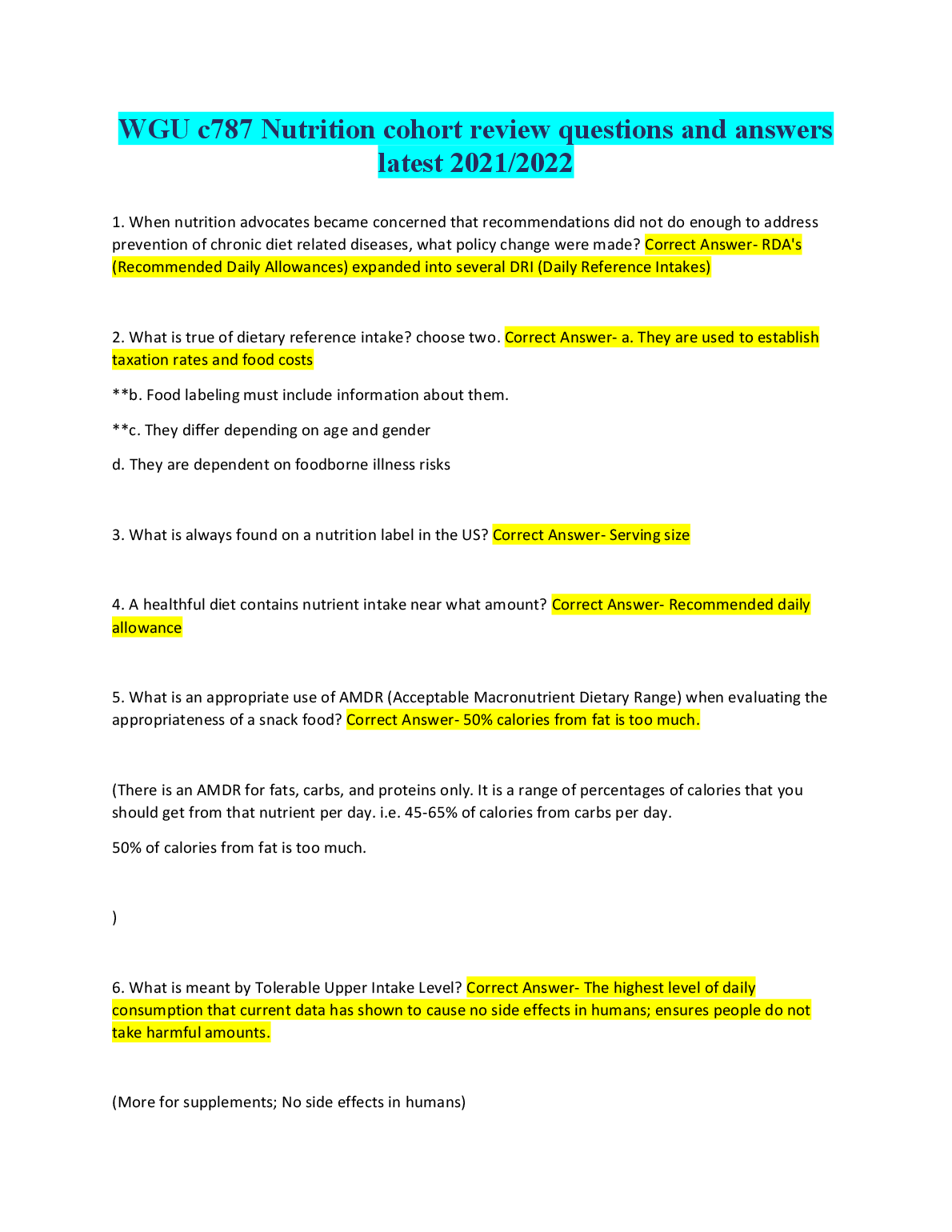 WGU C787 Nutrition Cohort Review Questions and Answers Latest Update For 2023 Study Resource
