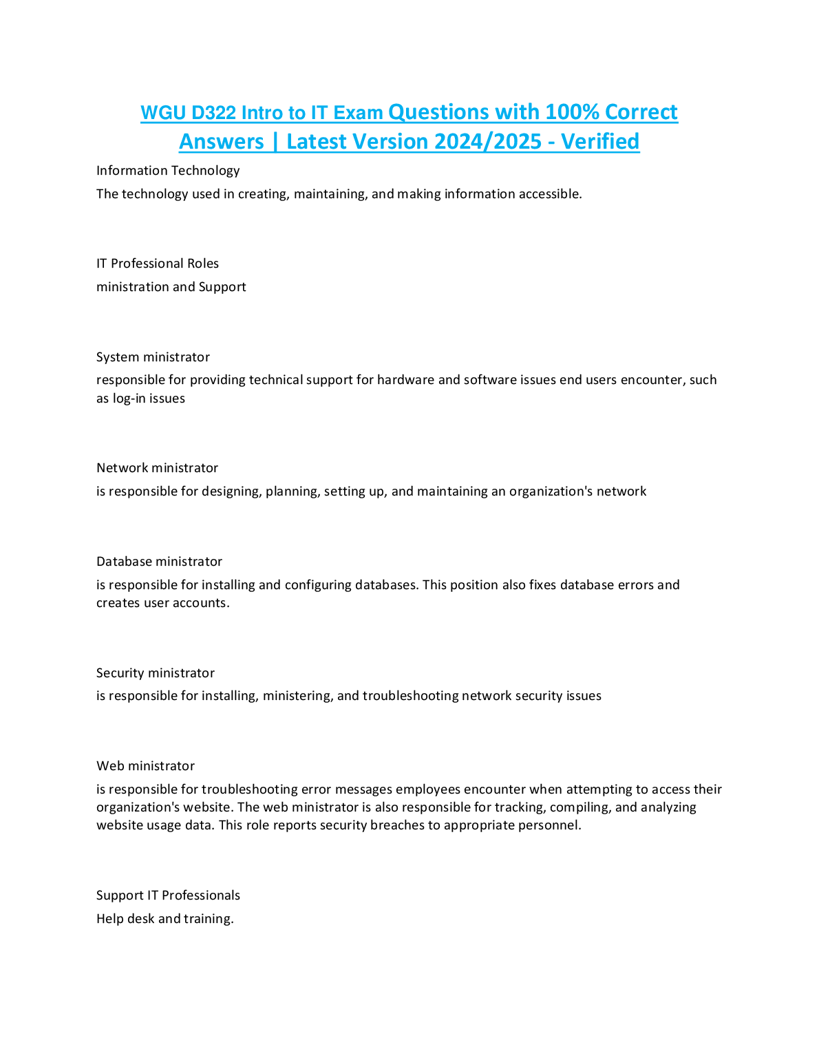 WGU D322 Intro to IT Exam Questions and Answers: Verified Study Guide 2024/2025 for First Attempt Pass Success