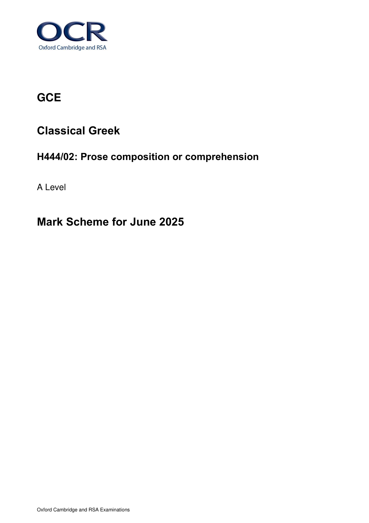 OCR A Level Classical Greek Paper 2 Mark Scheme