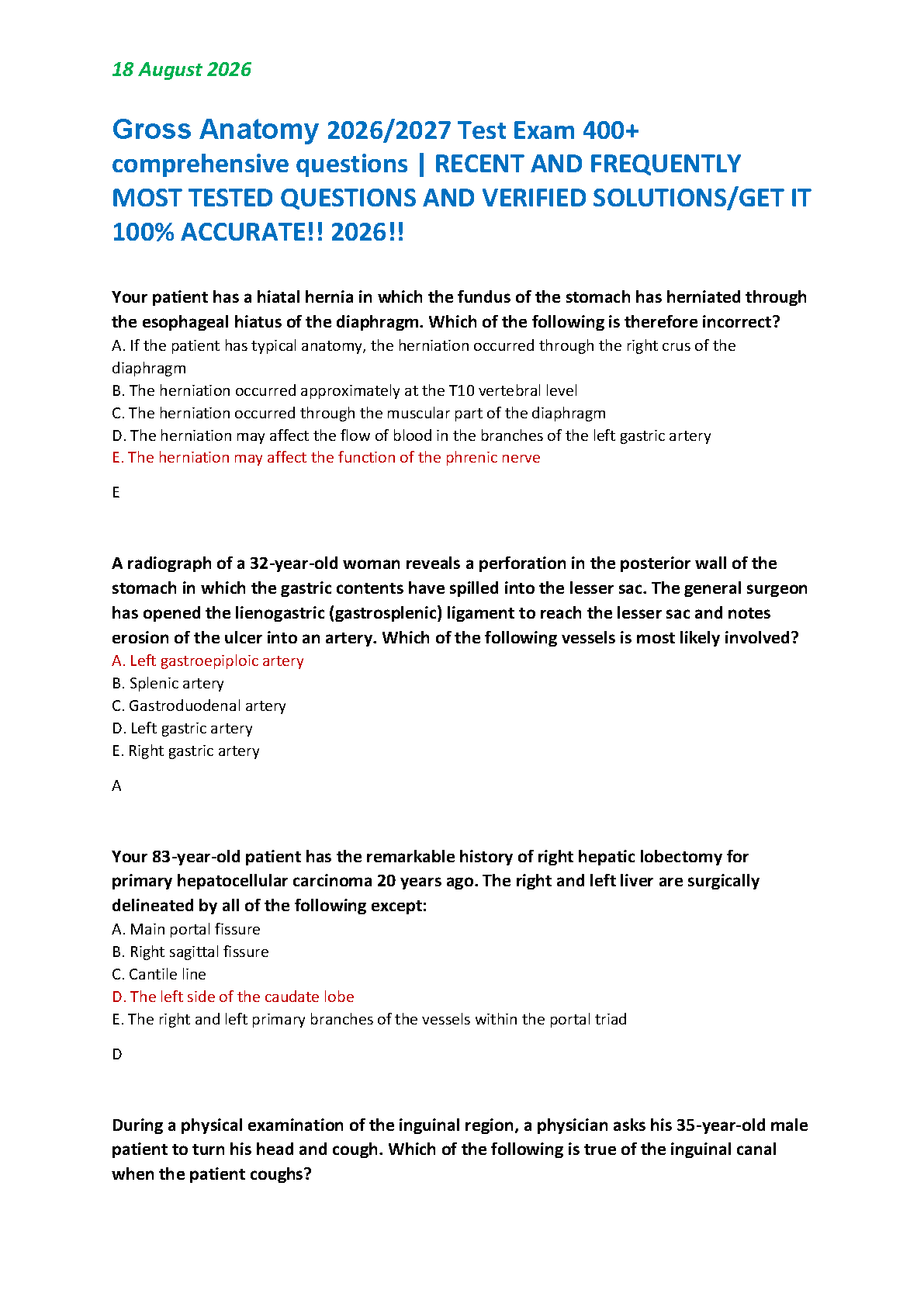 Gross Anatomy Test Bank 2026/2027 Academic Year Updated Edition With Verified Solutions And Answers For Medical Students