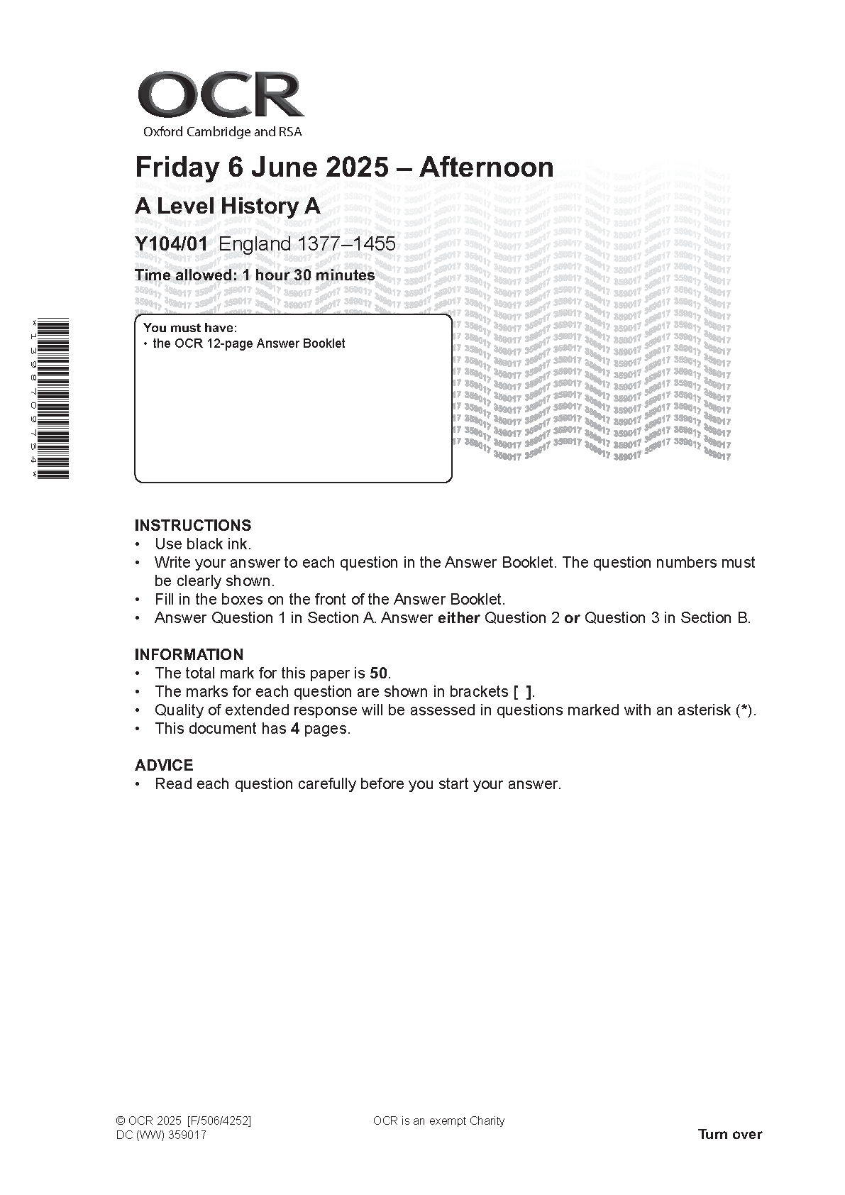 OCR A Level History A Richard II 2025 Question Paper