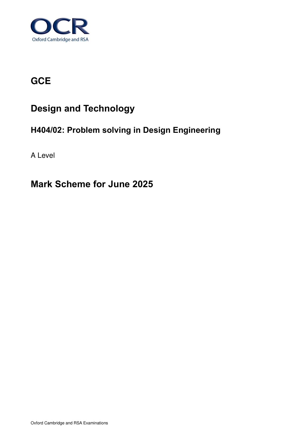 OCR A Level Design Engineering Paper 2 Mark Scheme