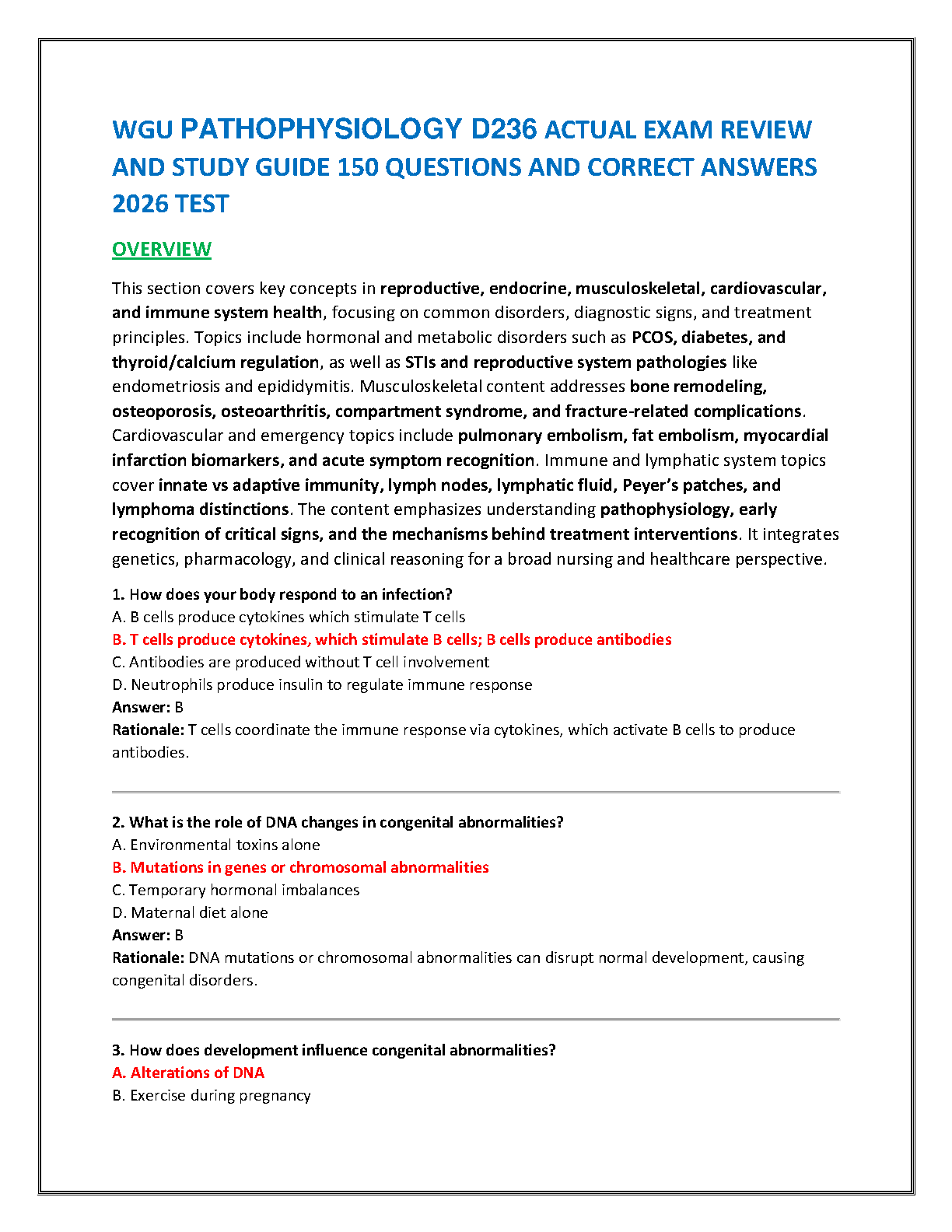 WGU D236 Pathophysiology Test Bank 2026: 150 Verified Questions with Detailed Rationales and Exam Preparation Guide